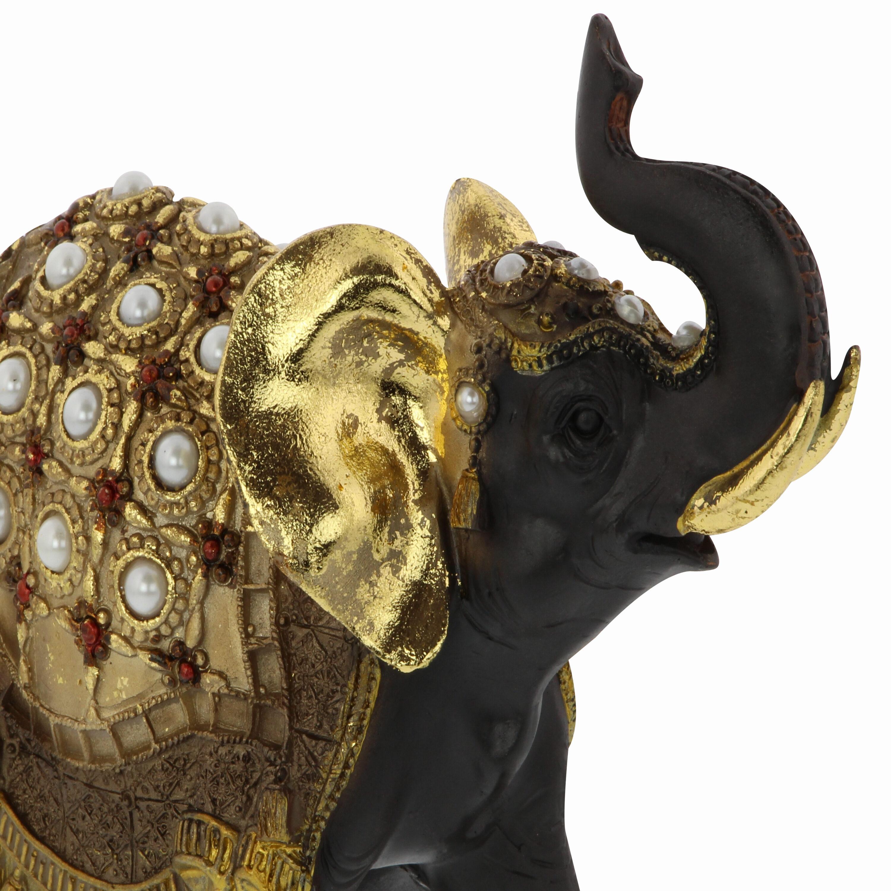 World Menagerie Alfhild Polystone Handmade Decorated Elephant Gold Sculpture with Ornate Dresswear and Pearl Accents Set