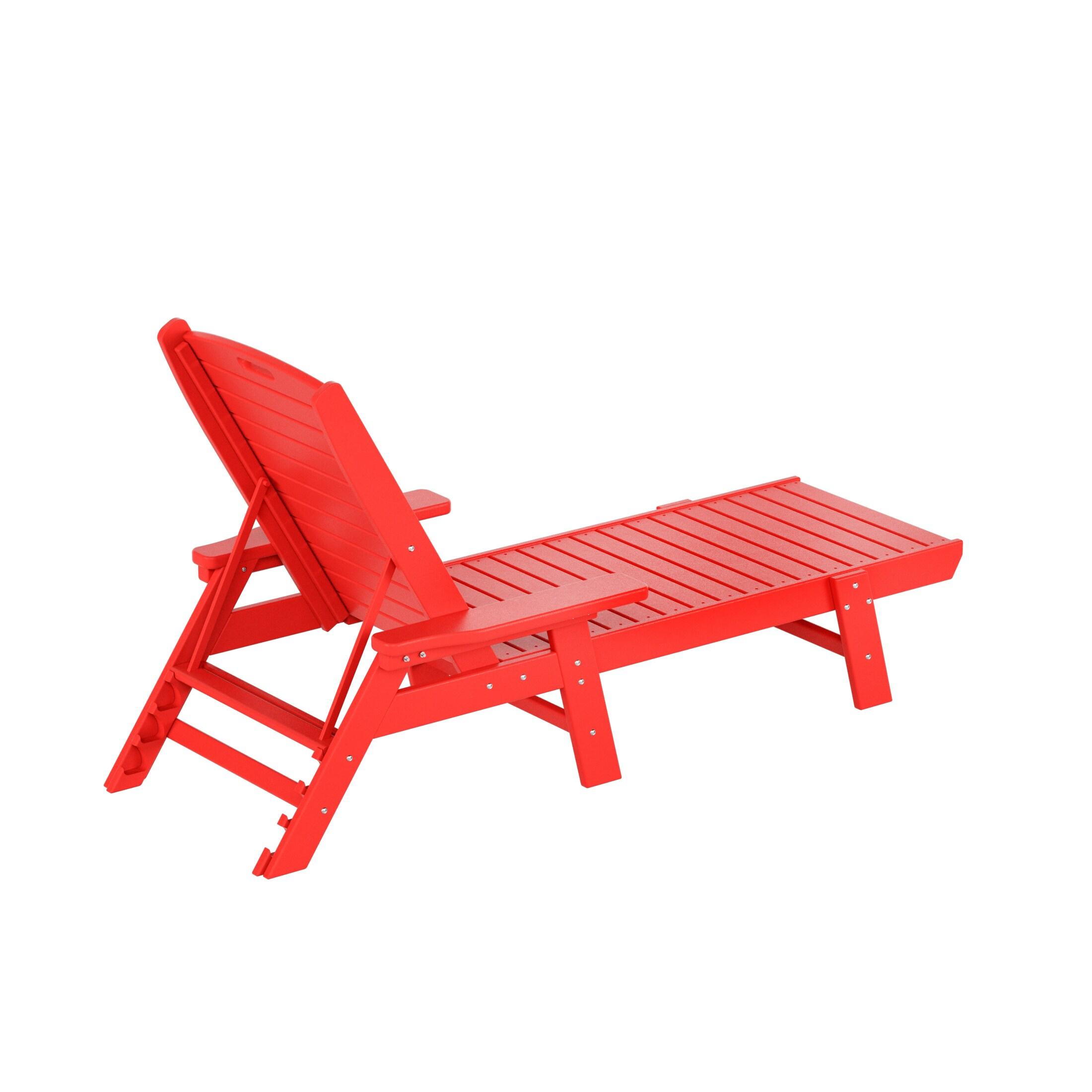 JUSTLET Adjustable Wheeled HDPE Plastic Outdoor Patio Lounge Chair W/ Cup Holder,78.3"x25.1"x16.3", Red