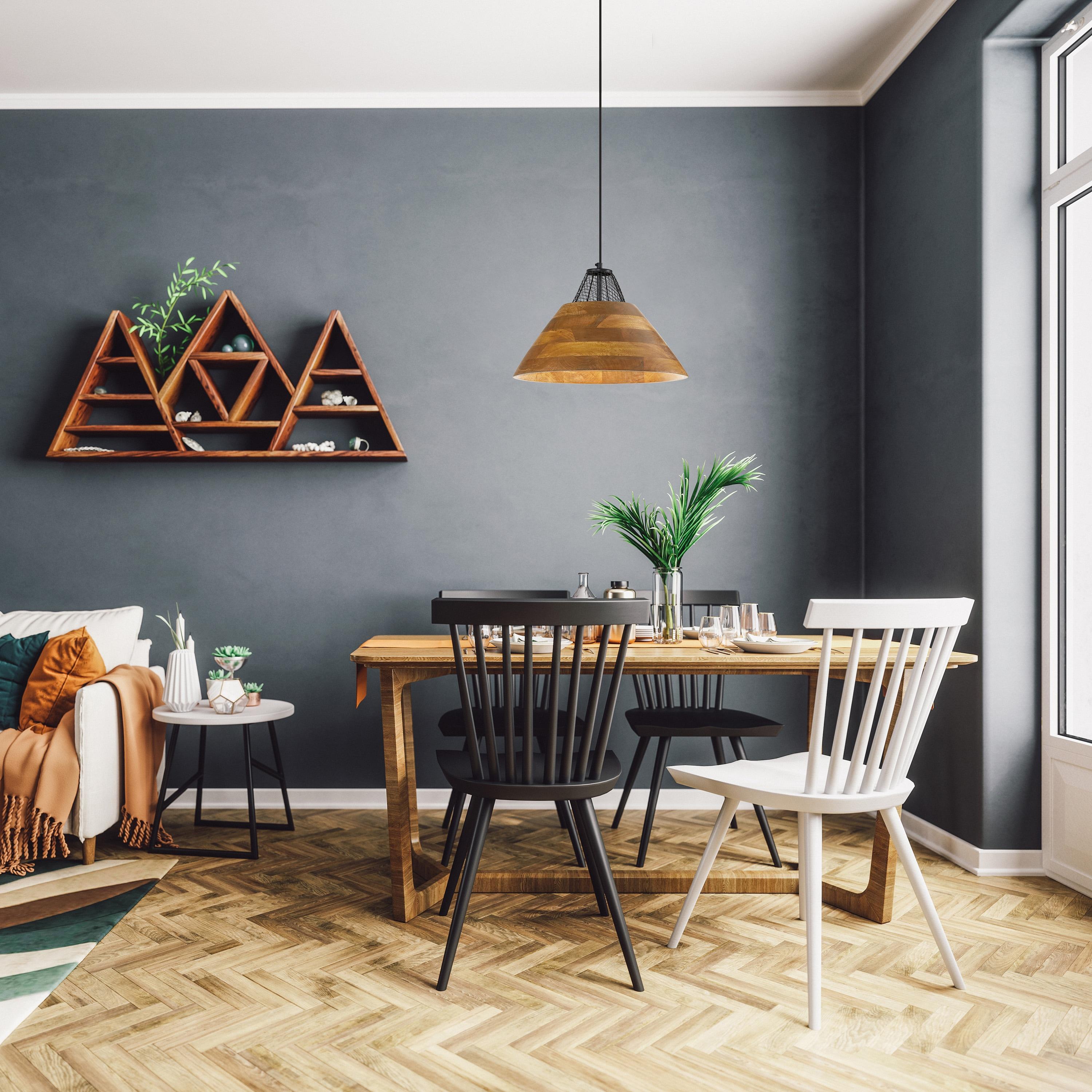 River of Goods 17.25" 1-Light Alainia Black Metal and Walnut-Stained Wood Pendant Light: Satin Finish, UL Listed, Adjustable Height