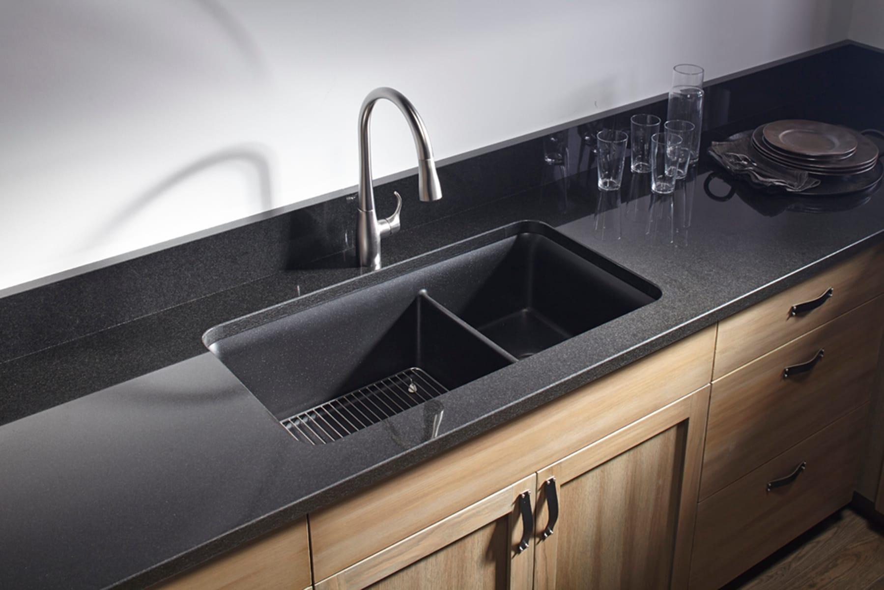 KOHLER K-8204-CM1 Cairn Sink, 33" Neoroc Composite Undermount Double-Bowl Kitchen Sink, Composite Kitchen Sink with Sink Rack, Matte Black