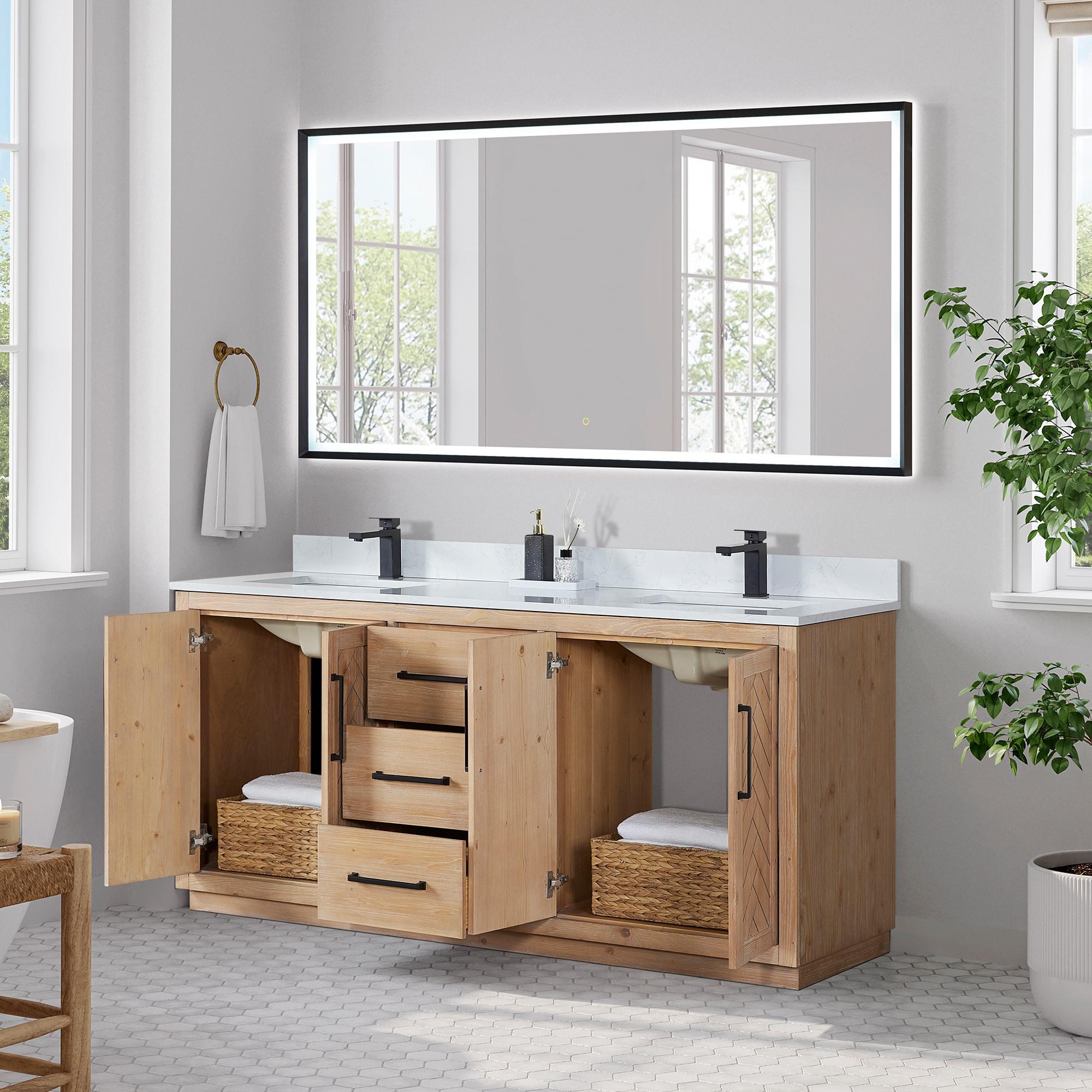 Anais 72" Wood Vanity in Light Brown with White Composite Stone Top with Mirror