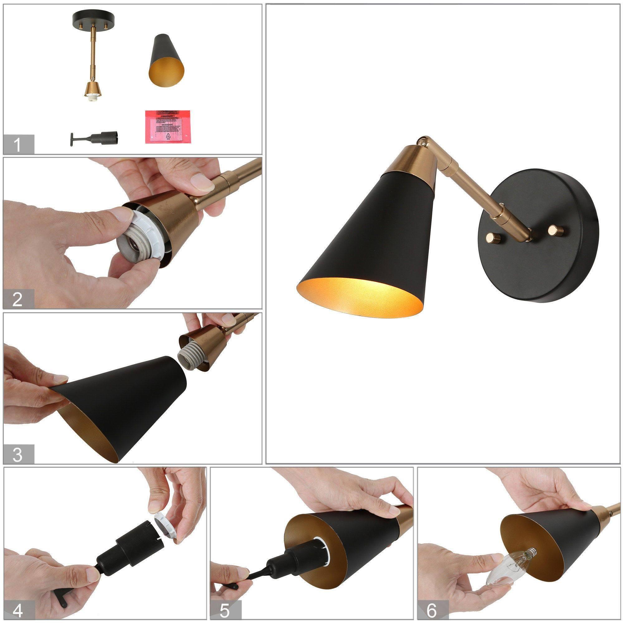 Flumie 1-Light Industrial Black Indoor Wall Sconce Modern Brass Vanity Light Adjustable Head with Cone Metal Shade
