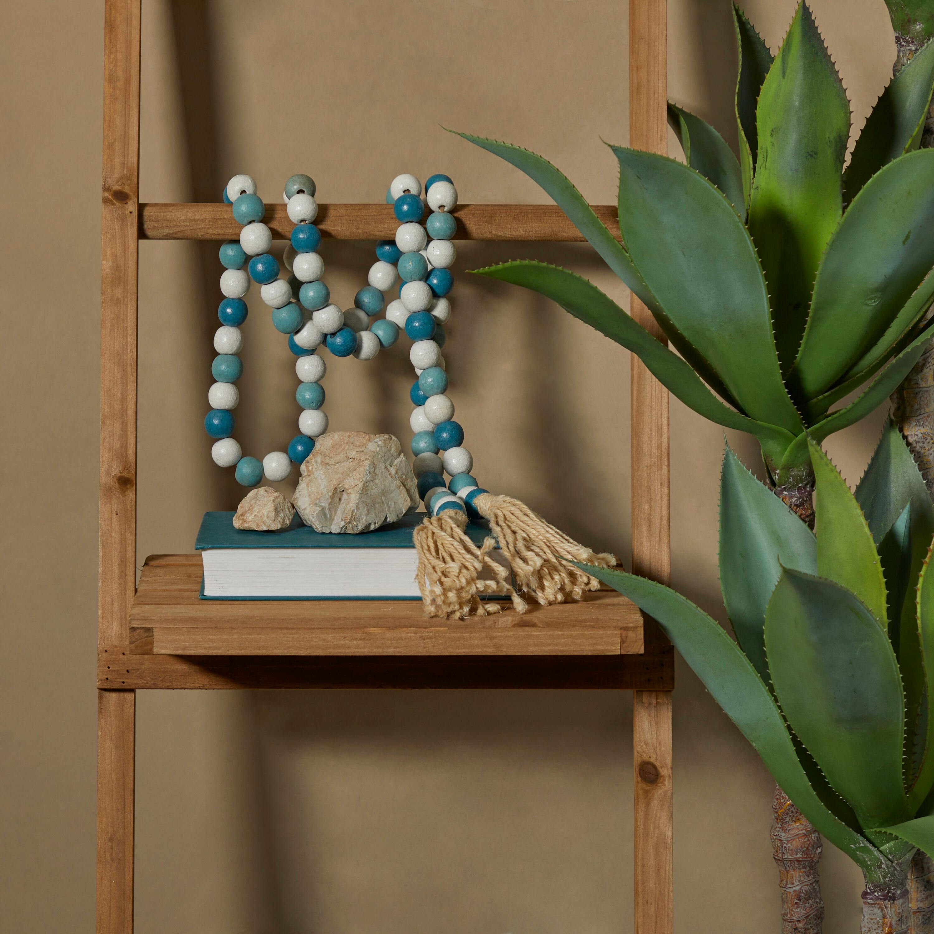 Blue and White Beaded Wood Garland with Cotton Tassels