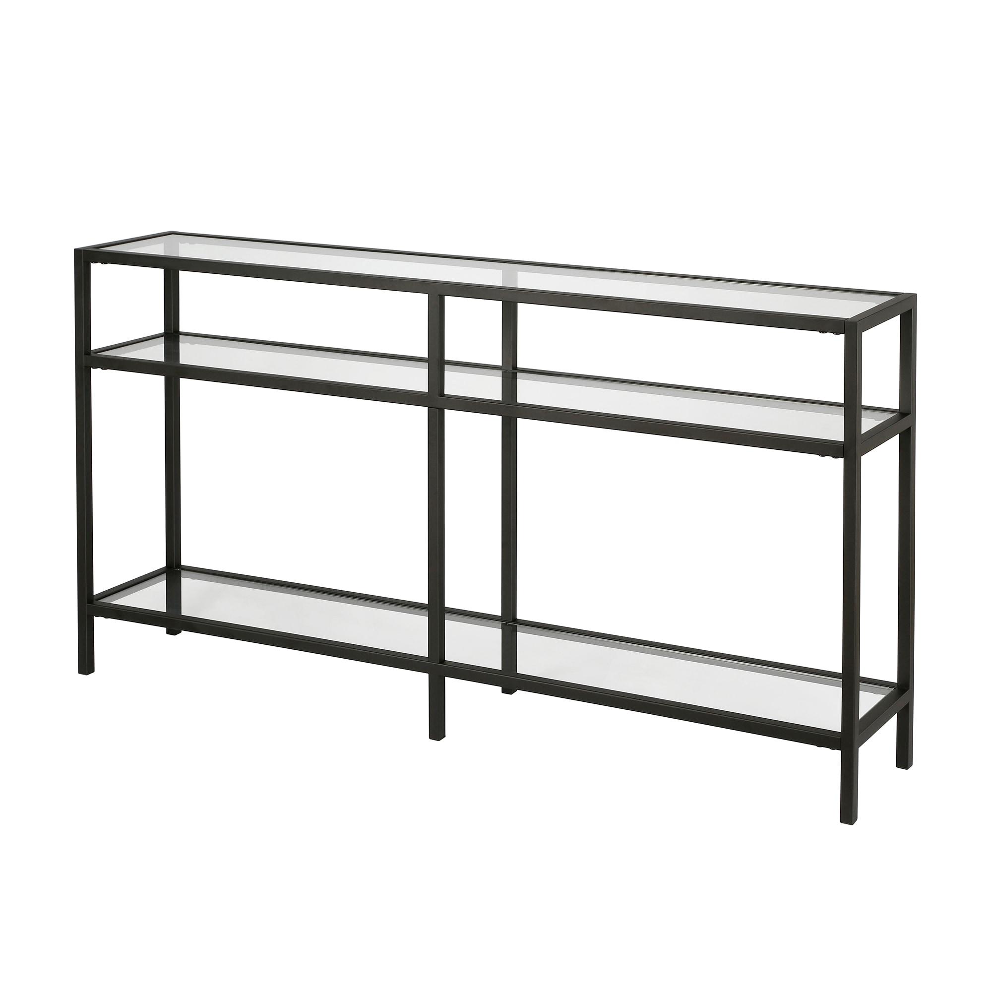 Sivil 55" Blackened Bronze and Black Metal Console Table with Glass Top