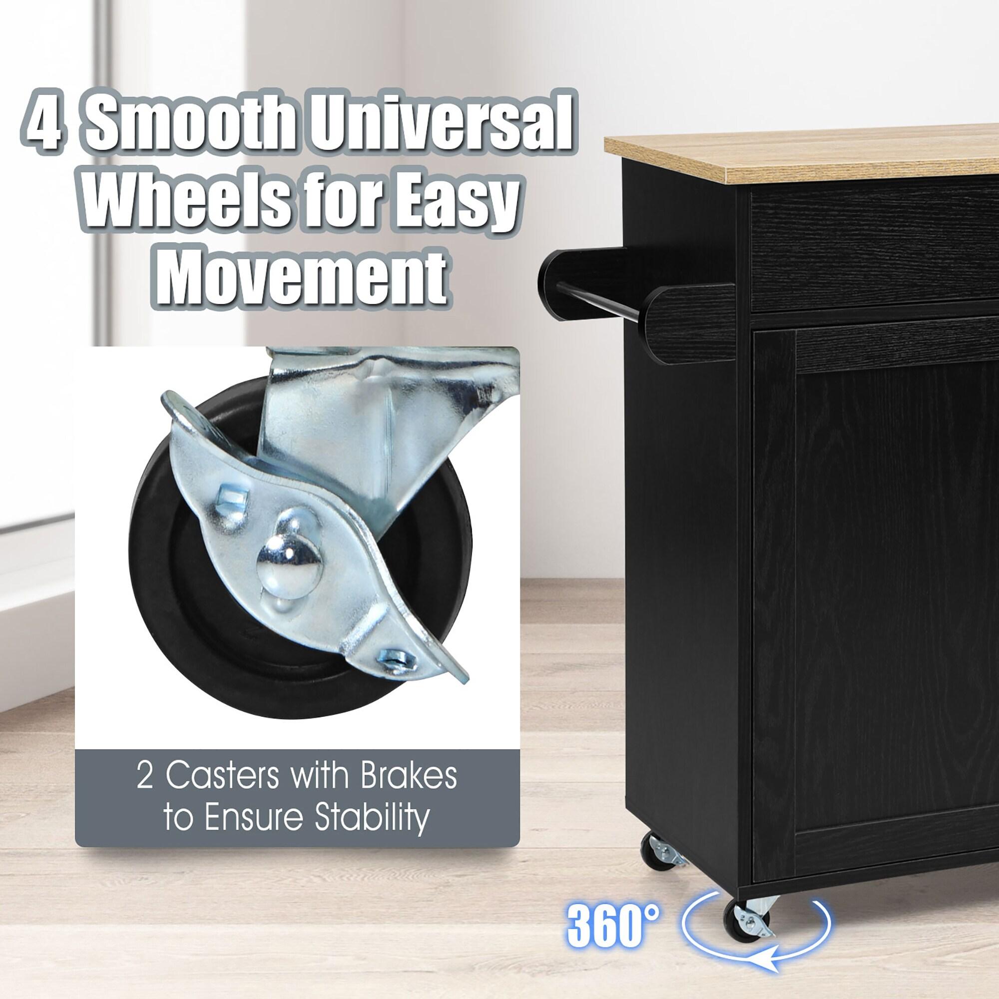 Black Fir Wood Rolling Kitchen Cart with Spice Rack and Storage