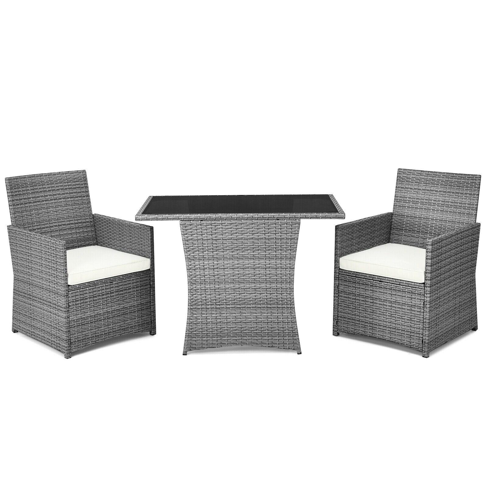 Canddidliike 3 Pieces Patio PE Rattan Furniture Set with 2 Ergonomic Chairs , Space-Saving Outdoor Conversation Set with Cushioned Armrest Sofa, Patio Bistro Set for Outdoor, White