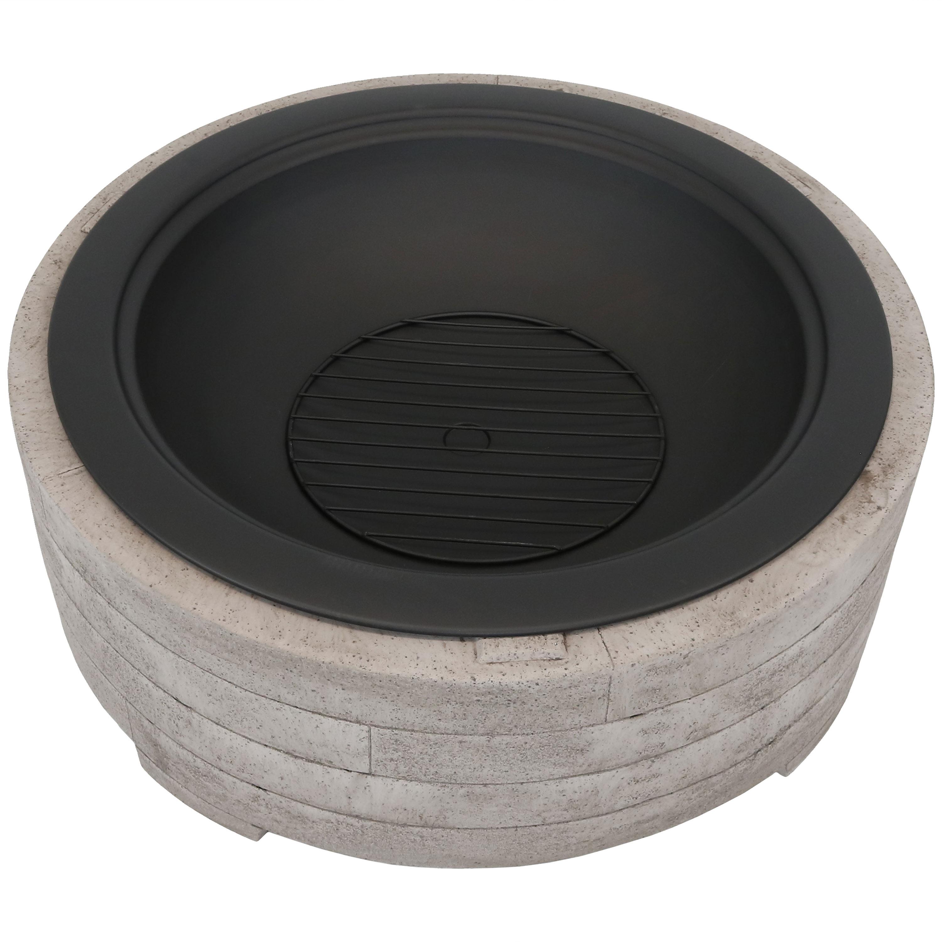 Sunnydaze Outdoor Large Round Faux Stone Fire Pit with Handles, Log Poker, and Spark Screen - 35" - Gray