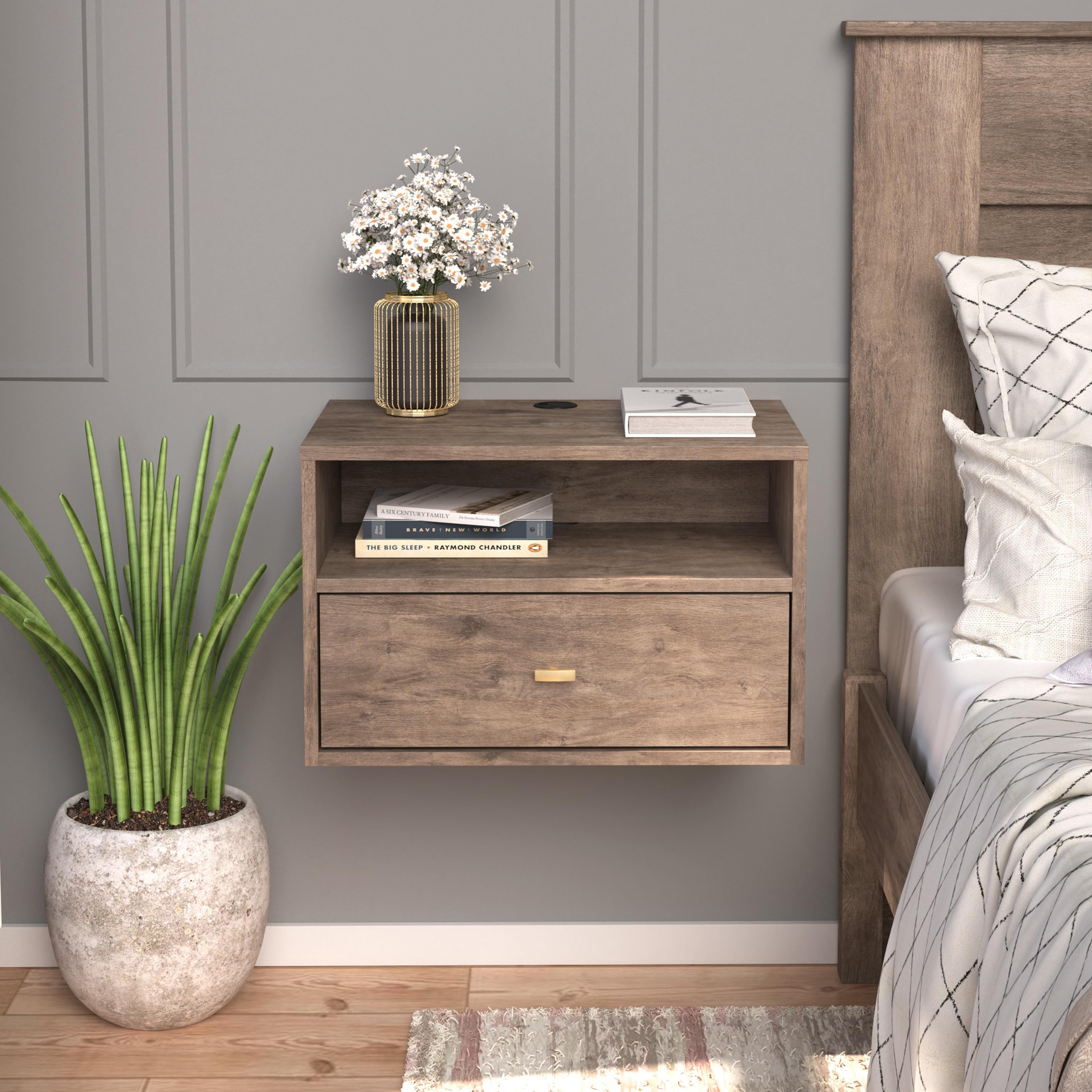 Floating 1 Drawer Nightstand with Open Shelf Drifted Gray - Prepac: Laminated, Cable Management, Metal Glides