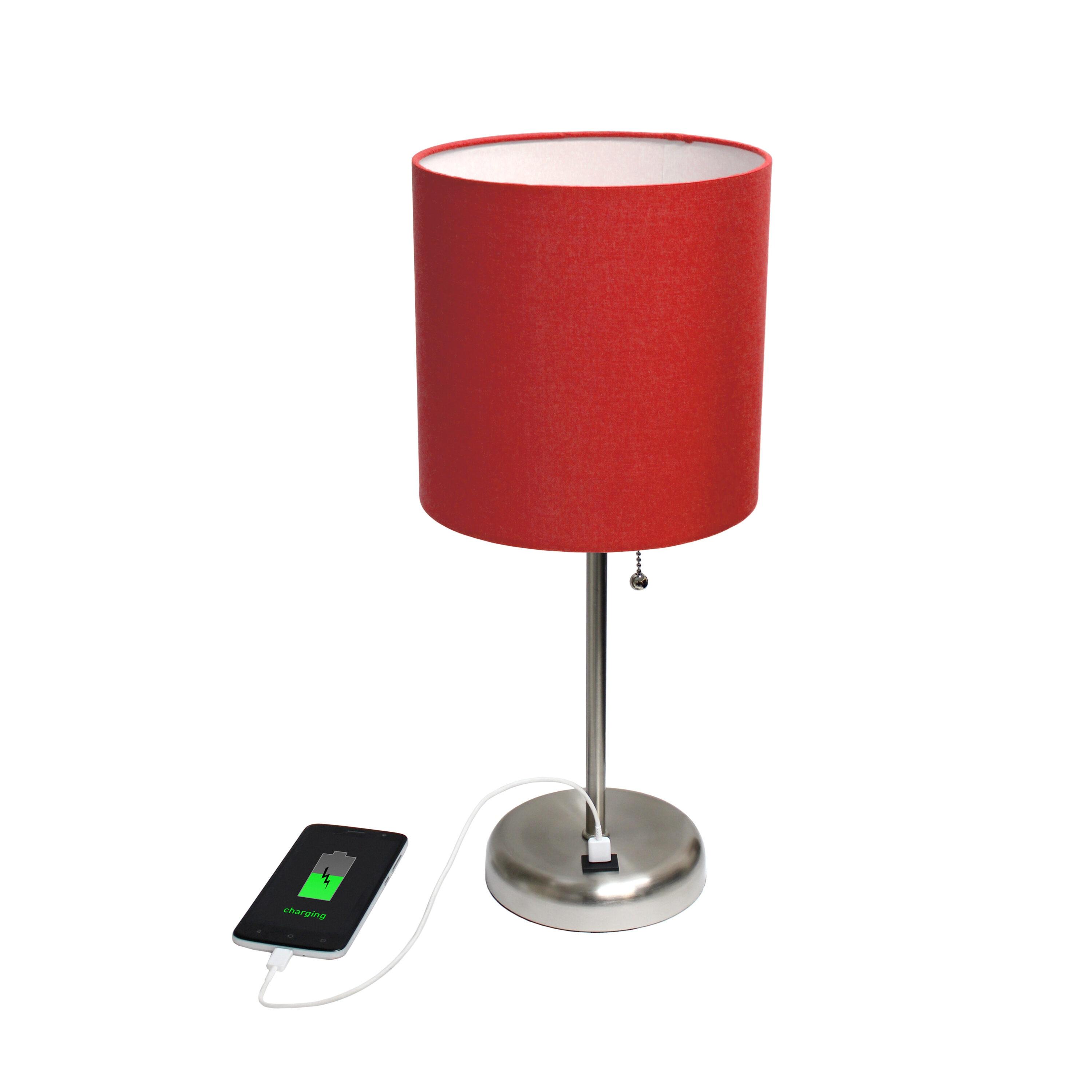 Creekwood Home 19.5" Bedside USB Port Feature Metal Table Desk Lamp Brushed Steel with Red Fabric Shade