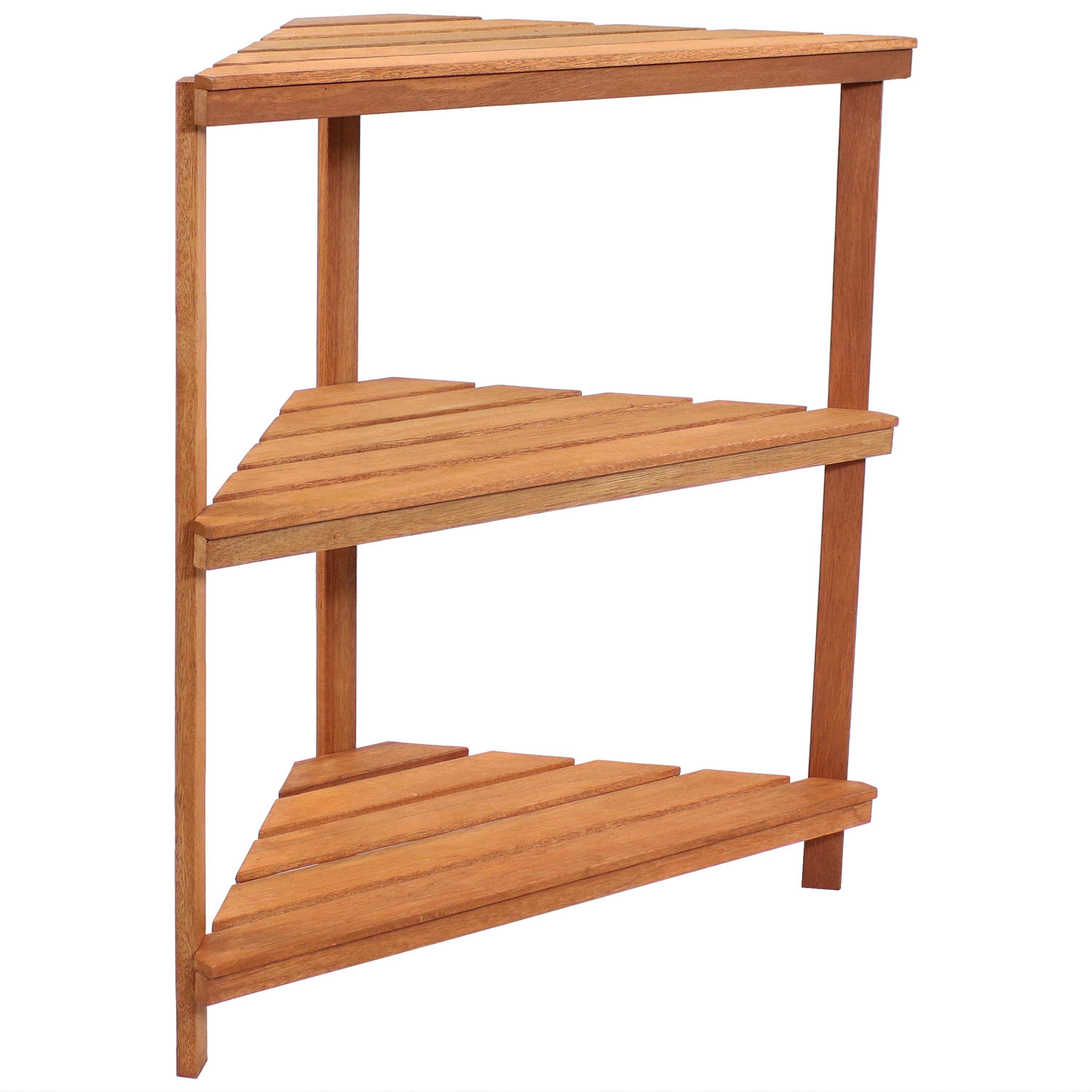 Sunnydaze Indoor/Outdoor Meranti Wood with Teak Oil Finish 3-Tiered Corner Flower Plant Stand Shelf Display - 36" - Brown