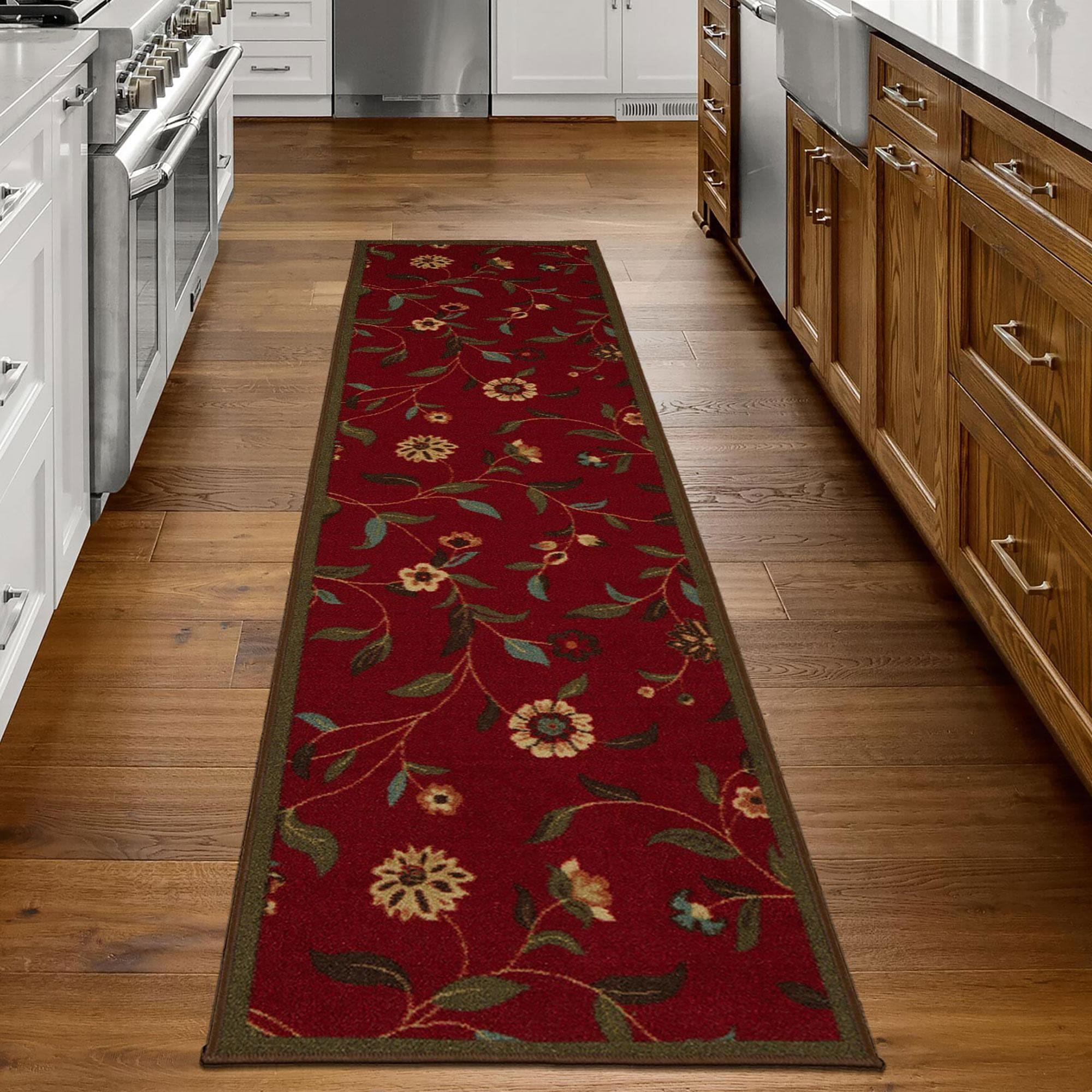 Ottohome Non-Slip Floral Leaves Area Rug For Living Room, Hallway, Entryway Rug, Dark Red