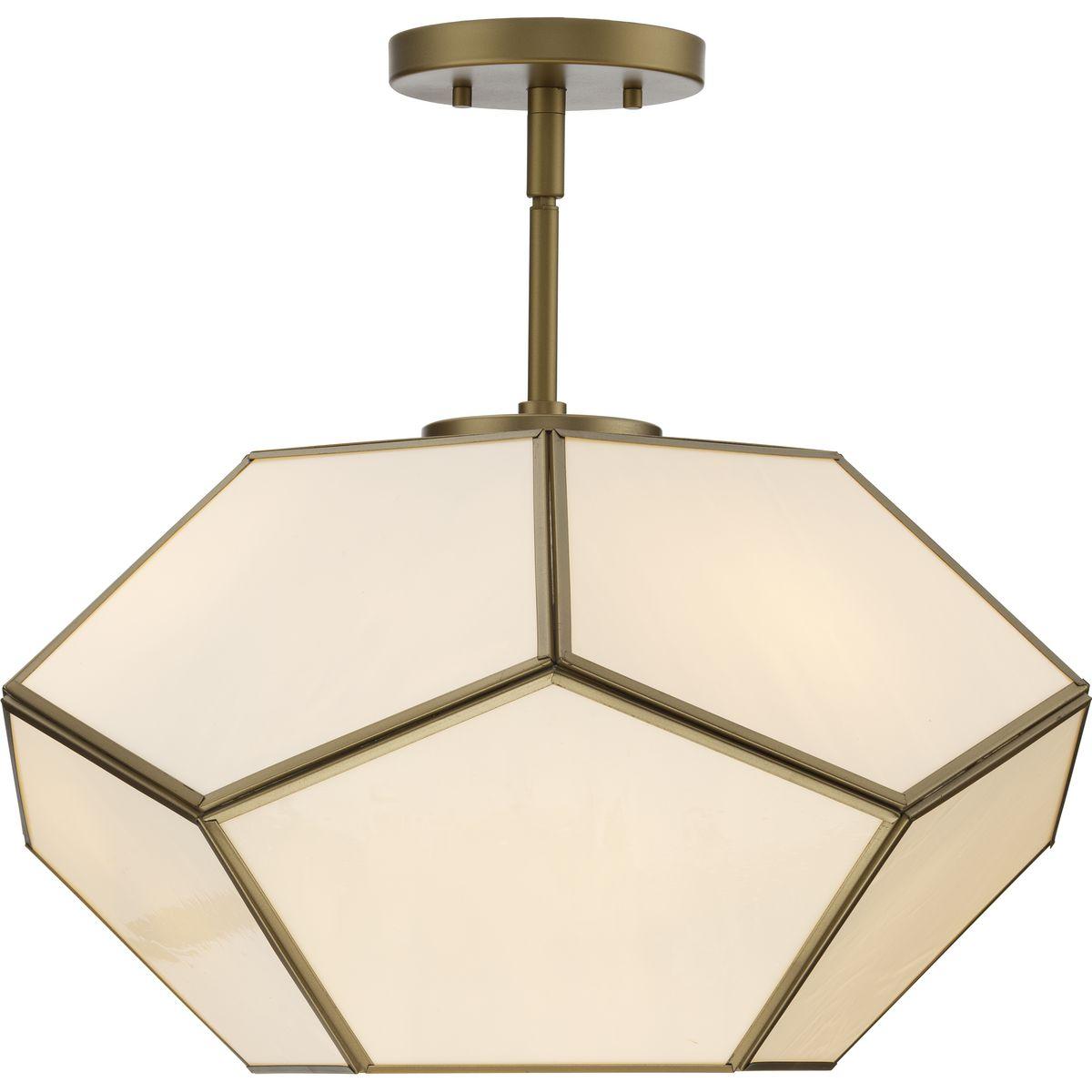 Progress Lighting Latham 3-Light Semi-Flush Mount, Vintage Gold, White Art Glass. Geometric framework with handmade glass.