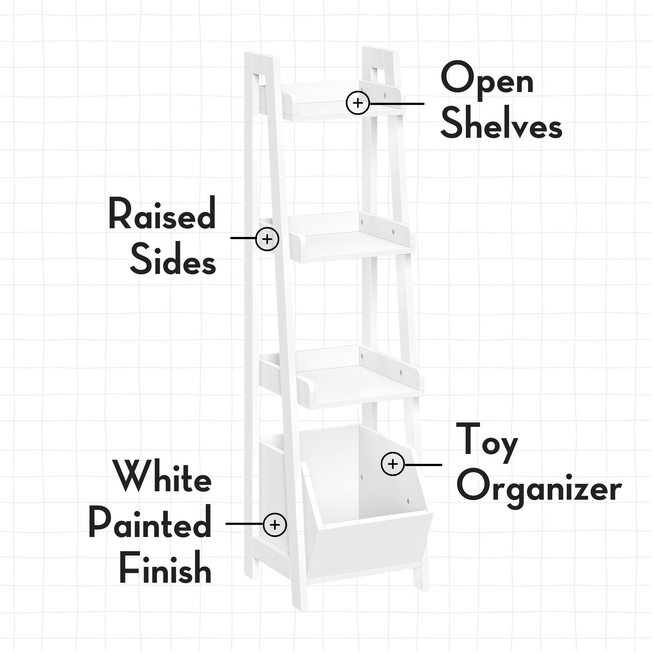 RiverRidge Home RiverRidge Kids 4-Tier 13in Ladder Shelf Toy Organizer and Book Storage with 3 Open Display Shelves- White with Two 5" Fabric Bins