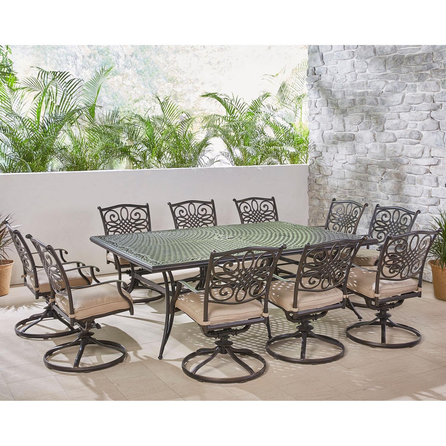 Hanover Traditions 11-Piece Outdoor Patio Dining Set with Tan Cushions, 10 Swivel Rockers and Aluminum Rectangular Dining Table, TRADDN11PCSW10