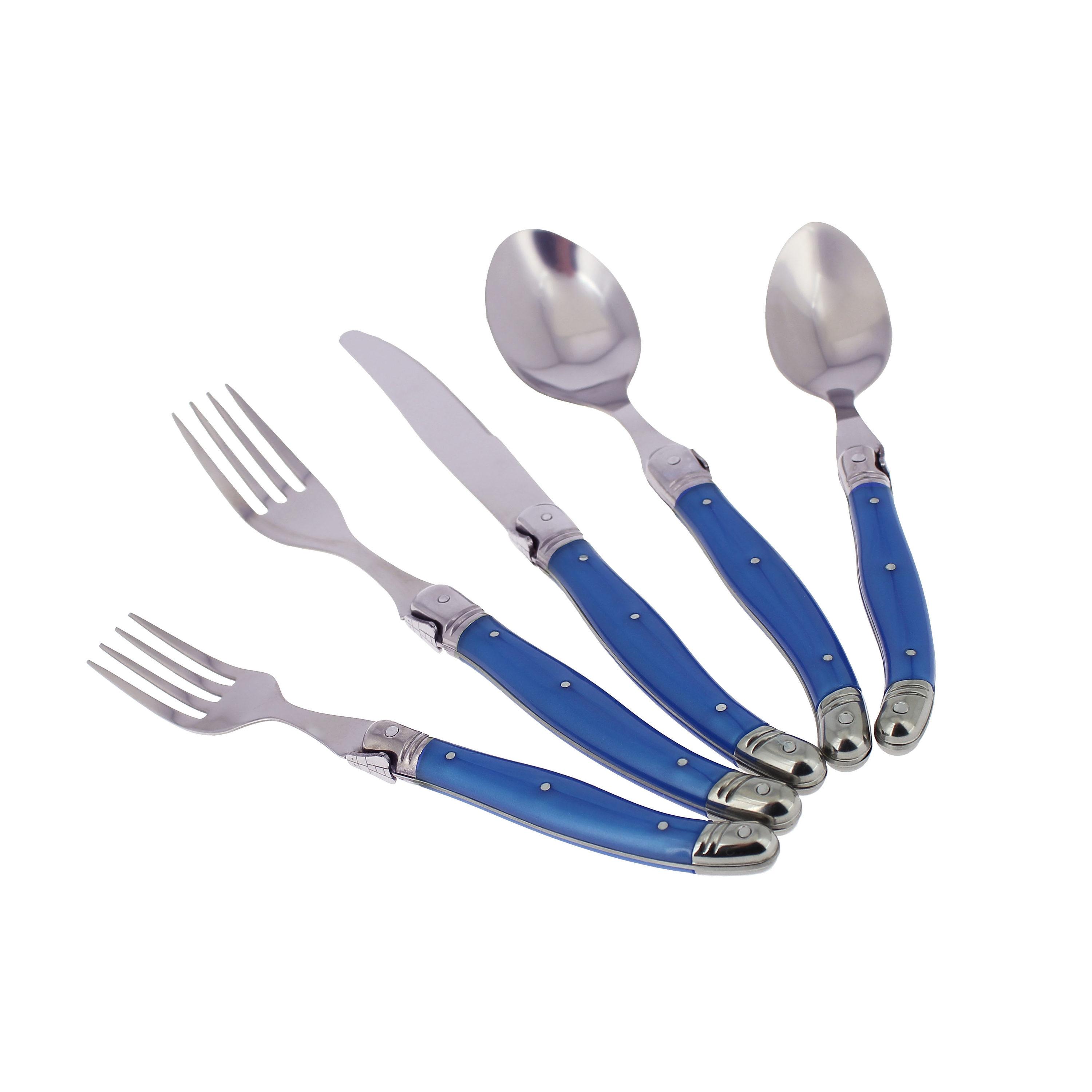 20pc Stainless Steel Laguiole Flatware Set Blue - French Home: Forks Spoons Knives Set, Dishwasher-Safe, Ergonomic Grip