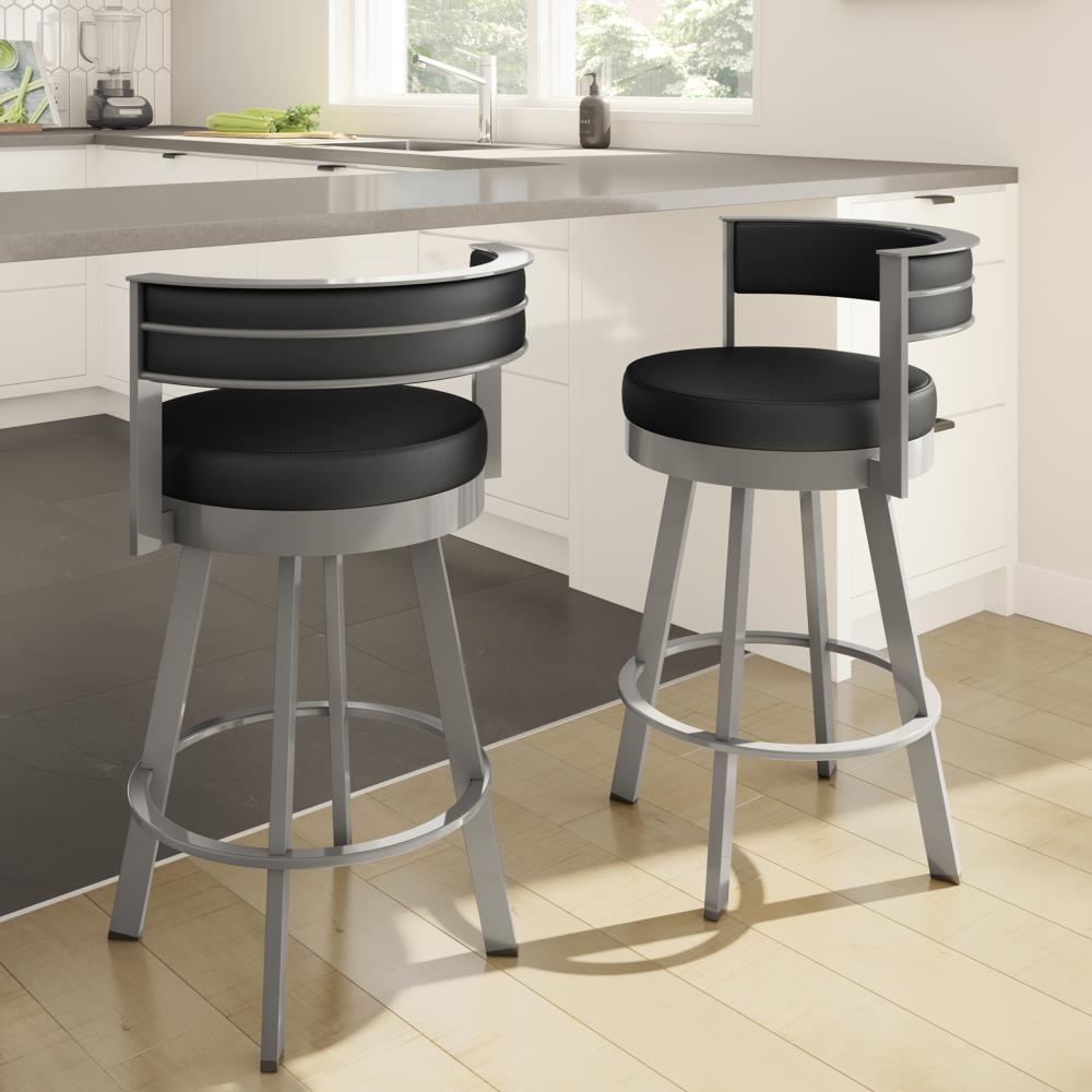 Amisco Browser Upholstered Barstool Charcoal Black/Gray: Faux Leather, Steel Frame, Fixed Height