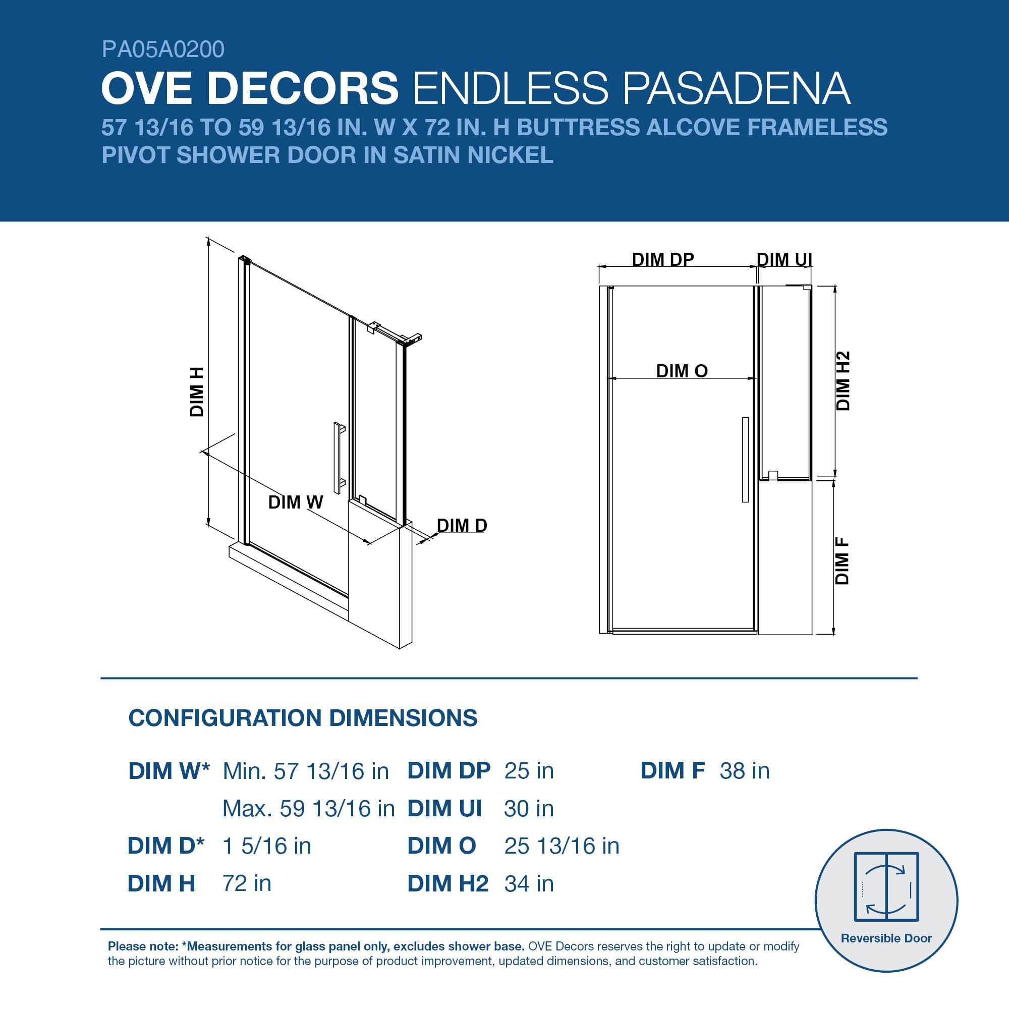 Endless Pasadena 59" W x 72" H Buttress Alcove Shower Kit, Door, Panel