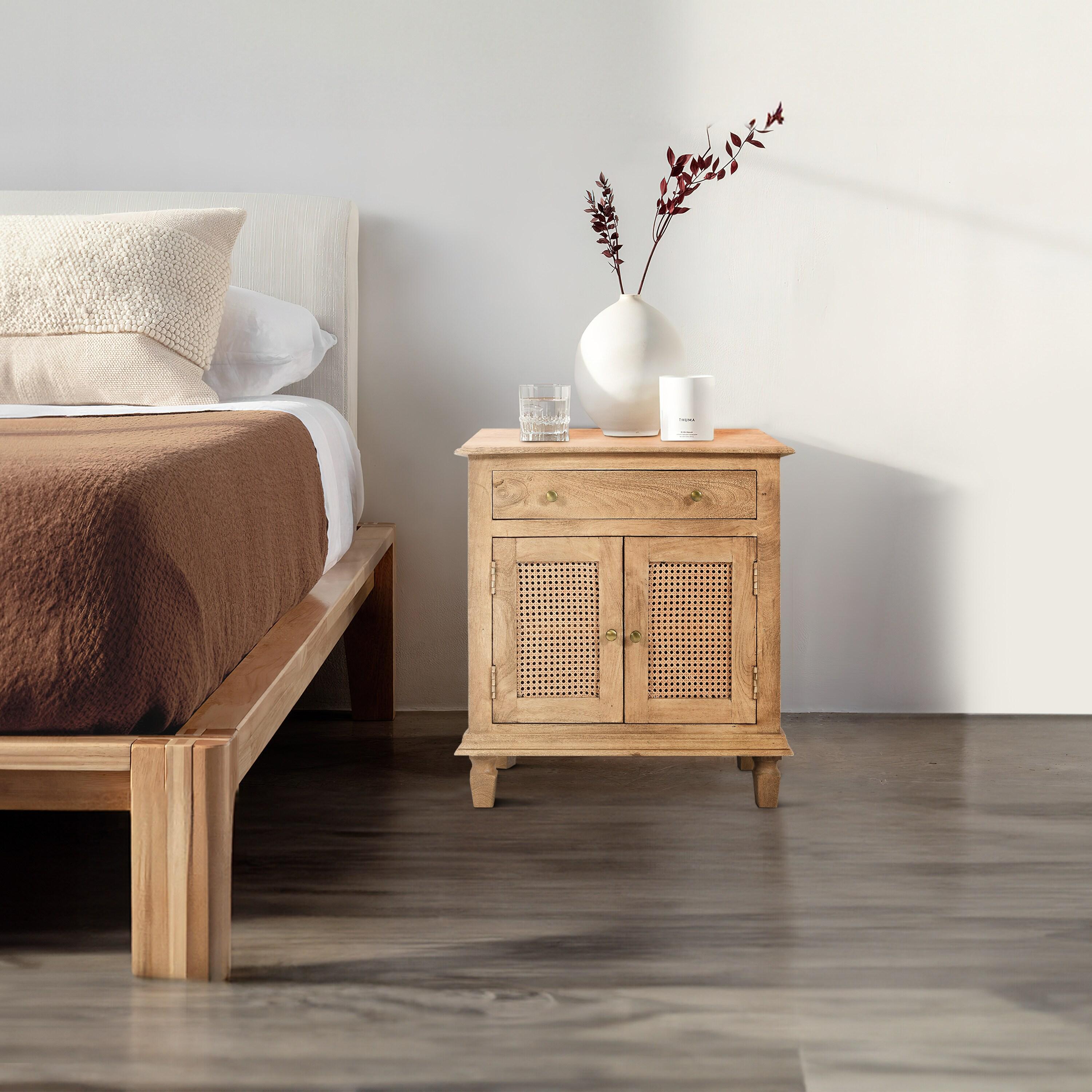 The Urban Port 30" Nightstand Table Rattan Cabinet Doors and Drawer Fronts Sandblasted Brown Mango Wood Brown