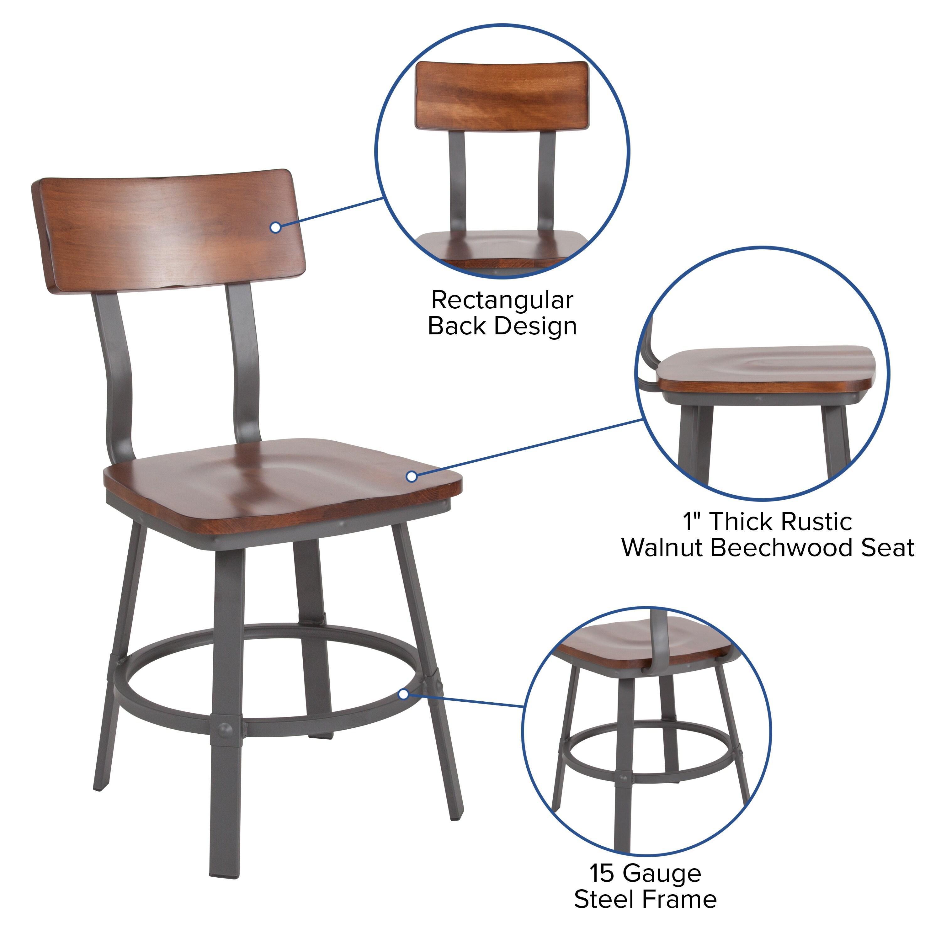 Flash Furniture Flint Series Rustic Walnut Restaurant Chair with Wood Seat & Back and Gray Powder Coat Frame