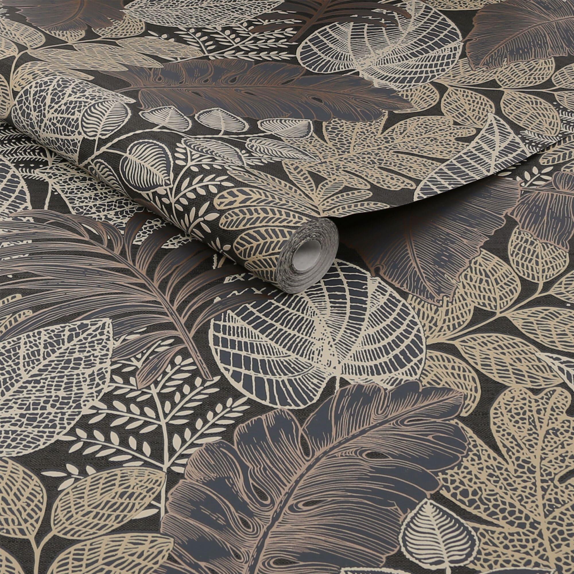 Superfresco Easy Scattered Leaves Charcoal and Gold Wallpaper