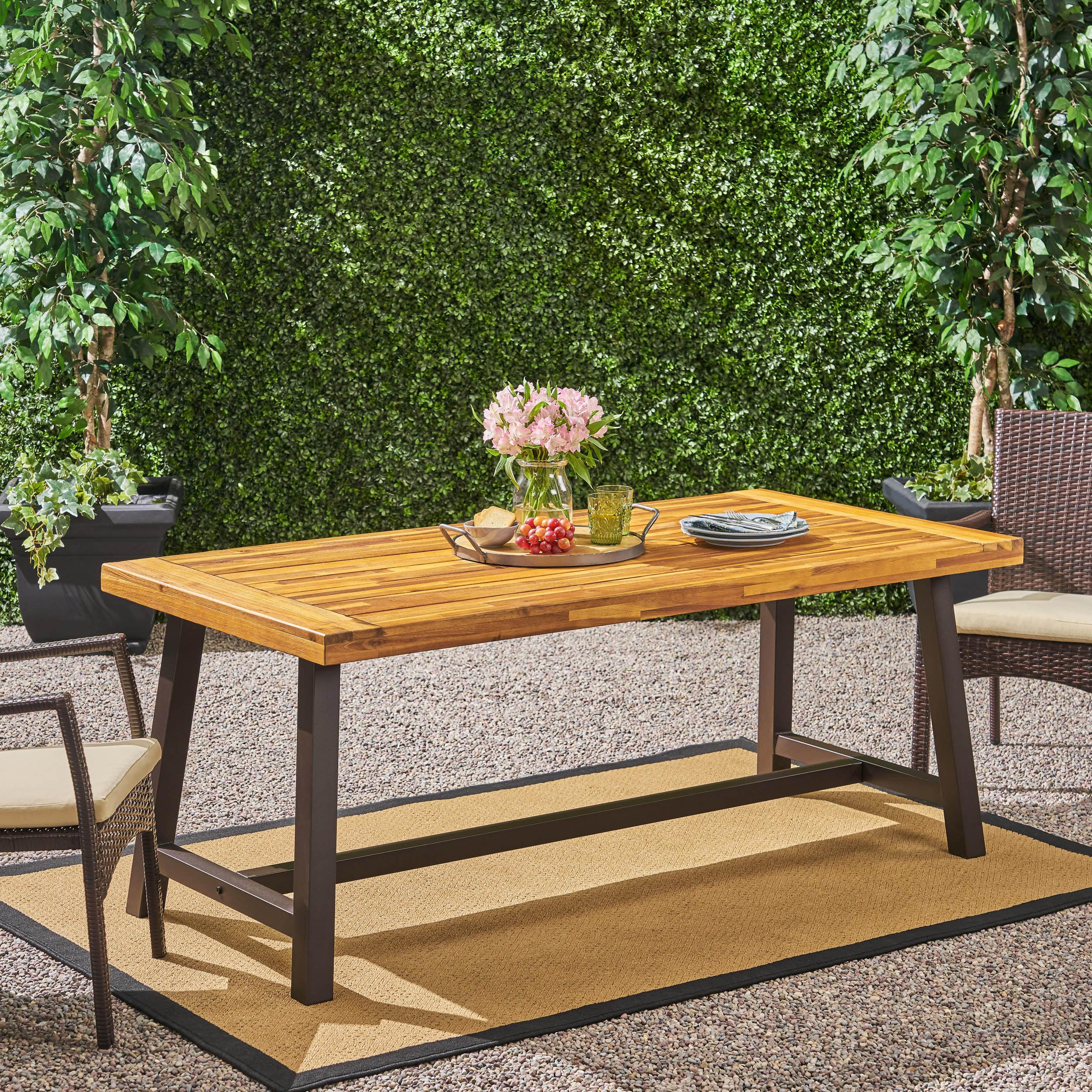 Carlisle 76" Sandblast Acacia Wood Outdoor Dining Table with Iron Legs