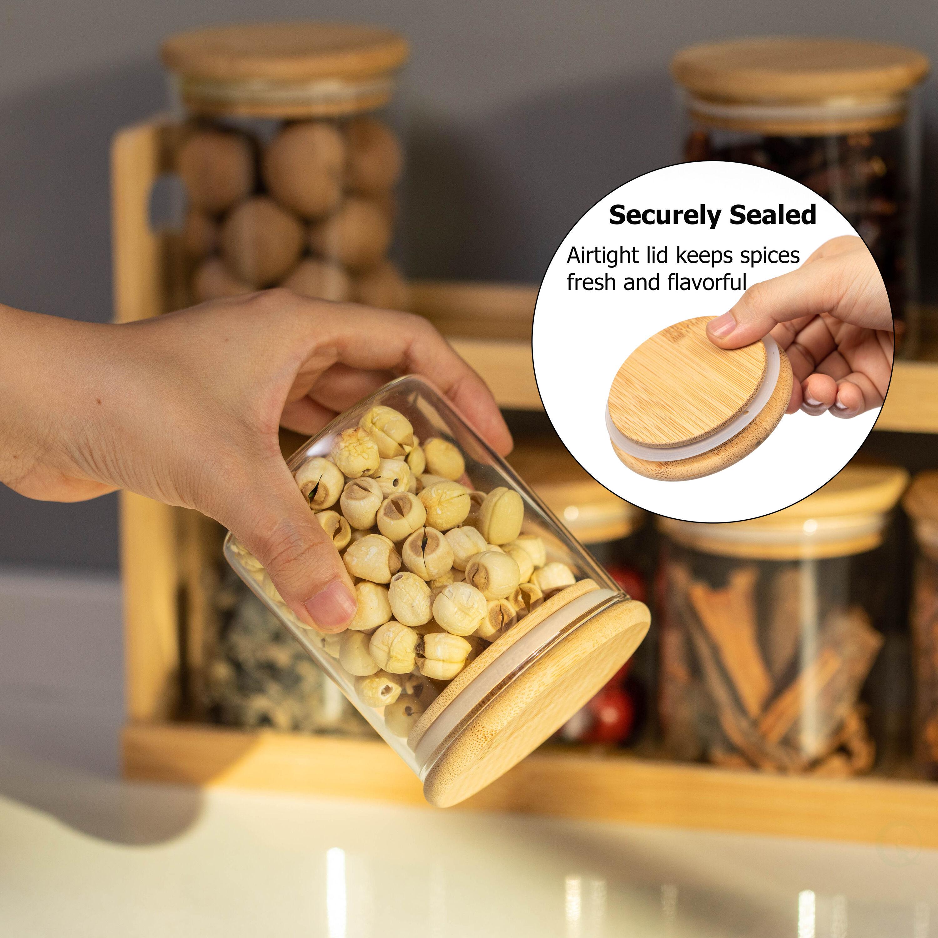 Basicwise 2-Tier Bamboo Spice Rack & Pantry Organizer with 8 Glass Jars.Perfect for Storage in Kitchens to Keep Seasoning Containers Neatly Displayed