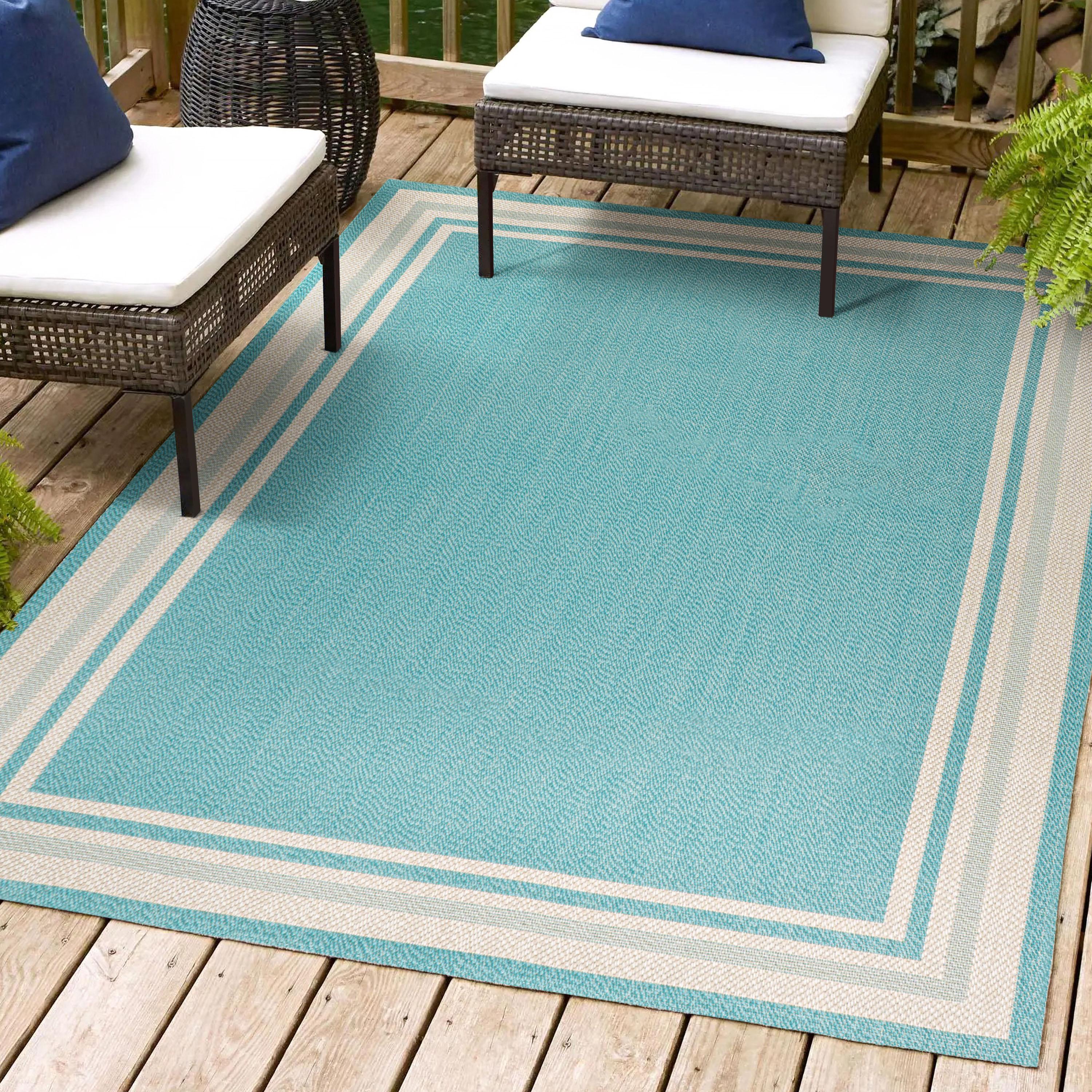 5' x 8' James Modern Border Stripe Indoor/Outdoor Area Rug, Aqua/Beige - JONATHAN Y