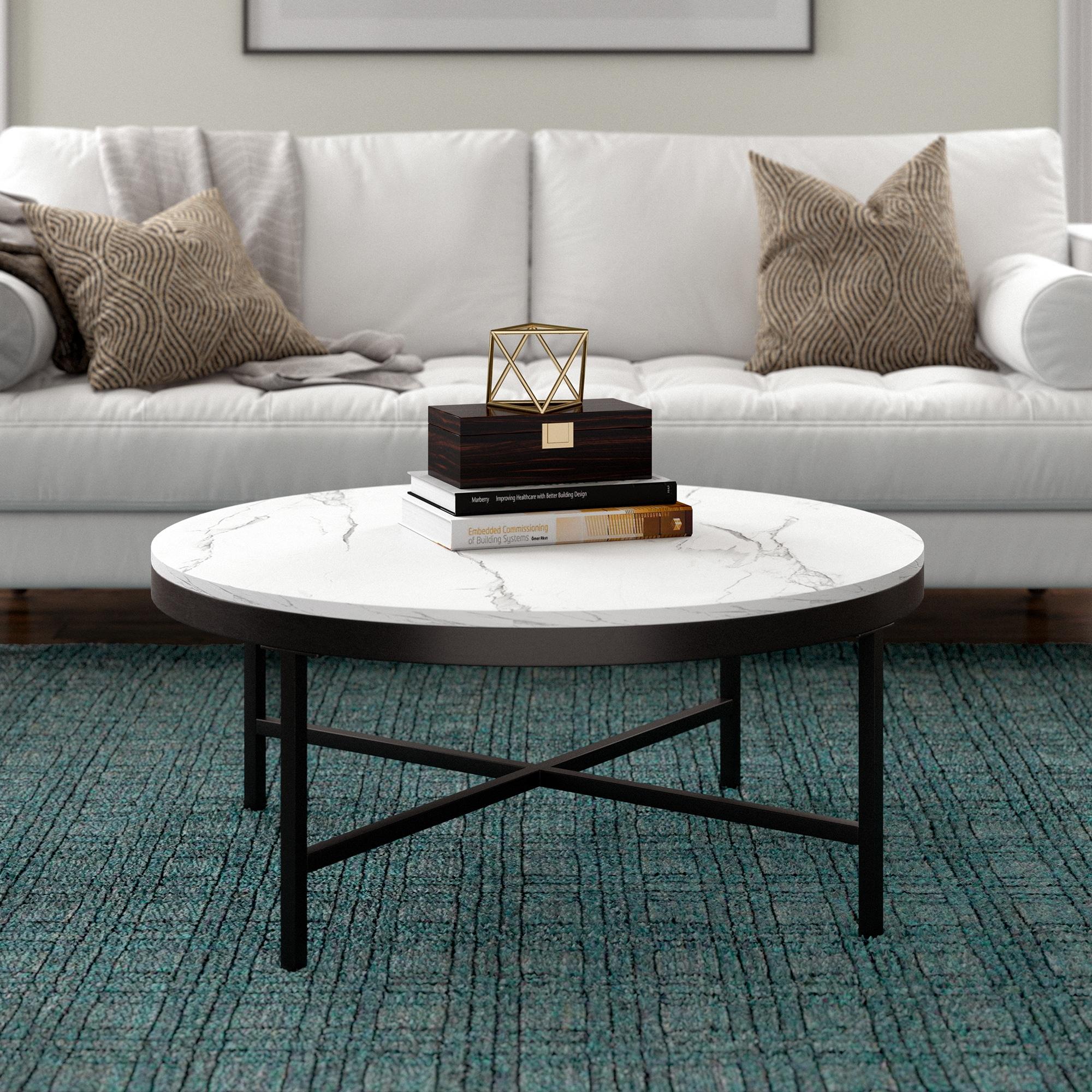 Evelyn&Zoe Xivil 36" Wide Round Coffee Table with Faux Marble Top in Blackened Bronze/Faux Marble