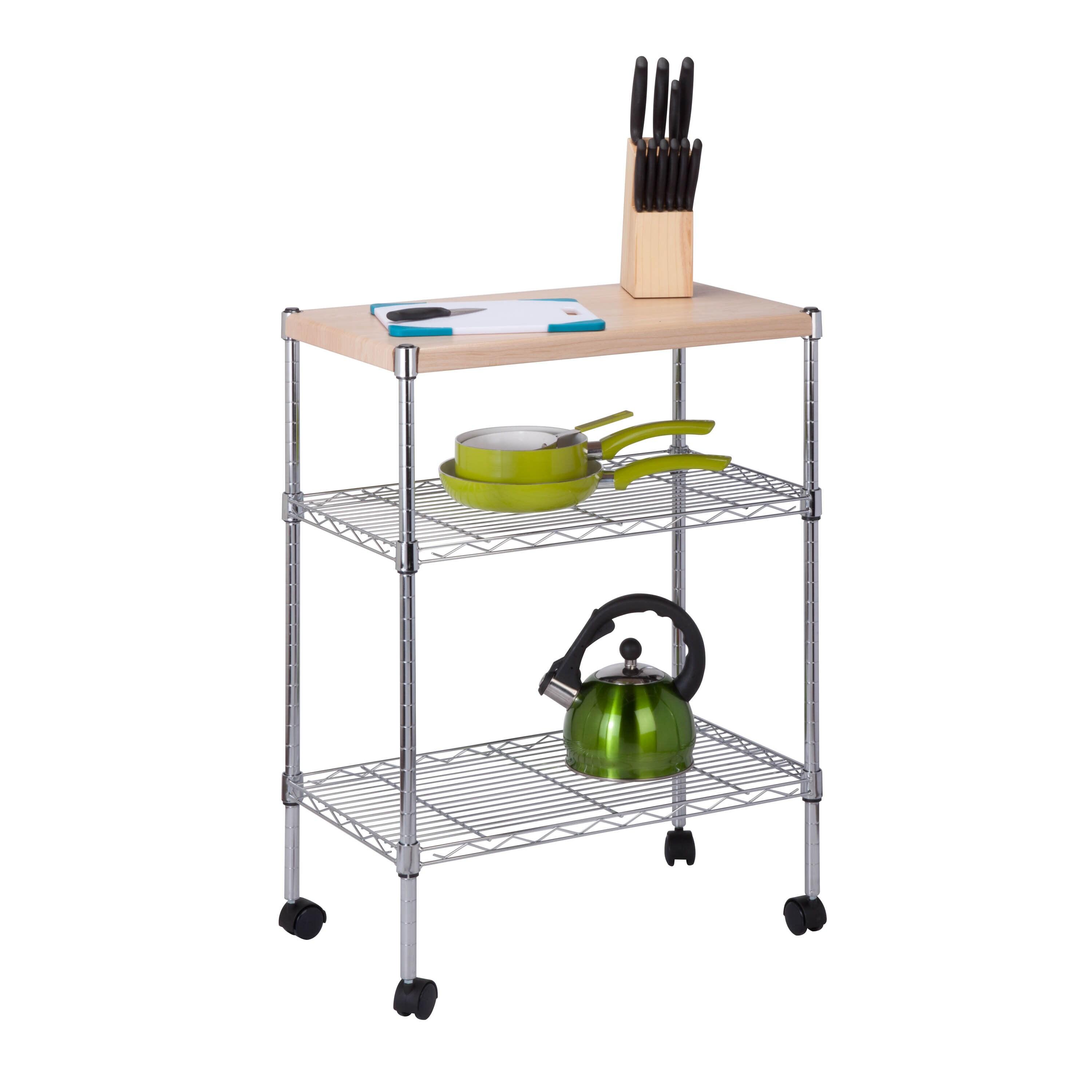 Honey-Can-Do 3-Tier Wood and Steel Rolling 23.23" L Kitchen Storage Cart, Chrome/Natural