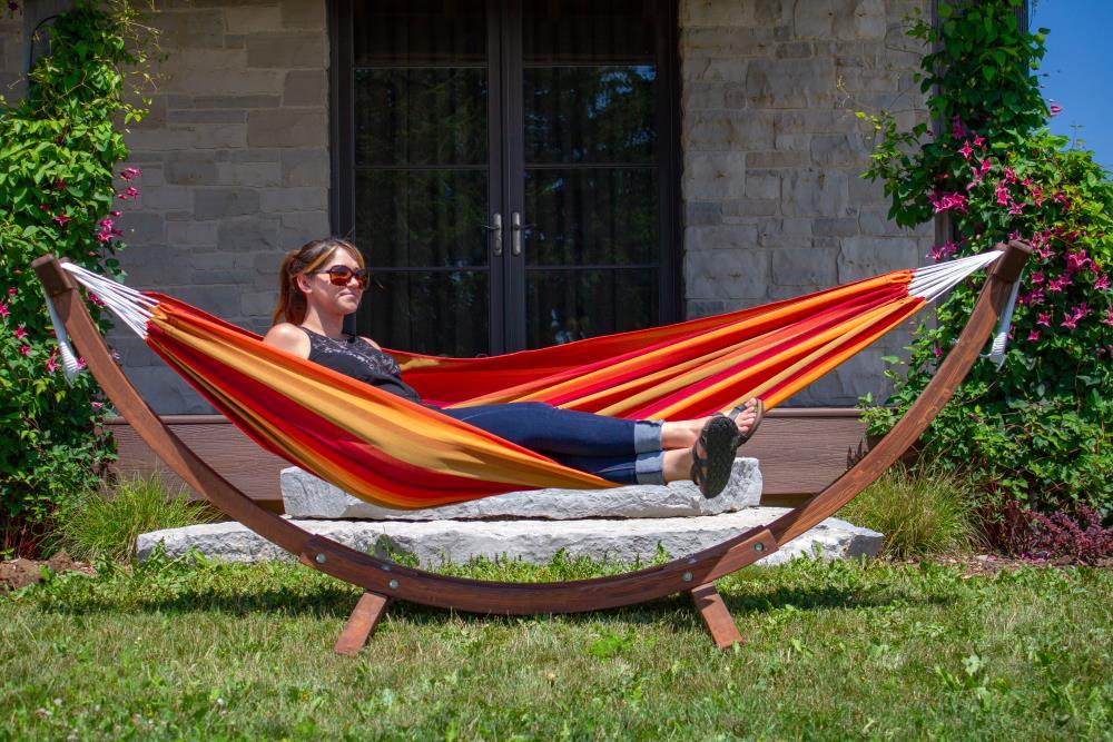 The Hamptons Collection 102” Orange Striped Sunbrella Brazilian Style Hammock with Stand