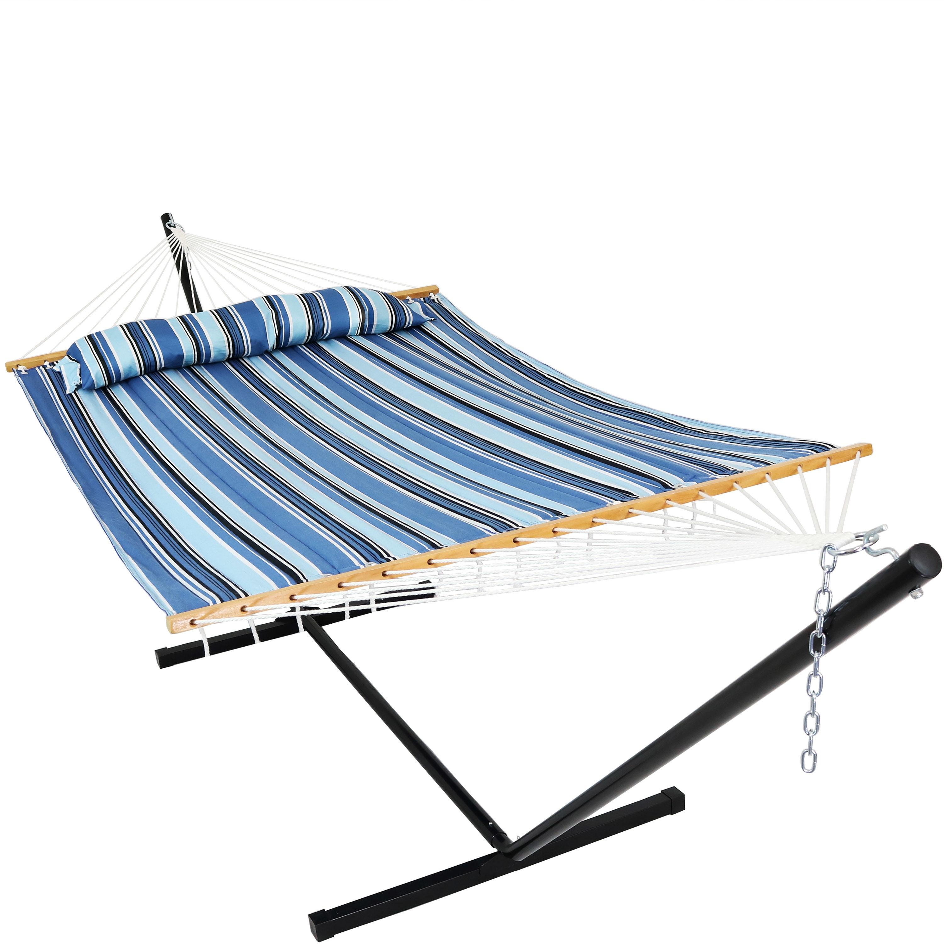 Sunnydaze Outdoor 2-Person Quilted Fabric Hammock with Spreader Bars and Freestanding Stand- 350 lb Weight Capacity/12' Stand - Misty Beach