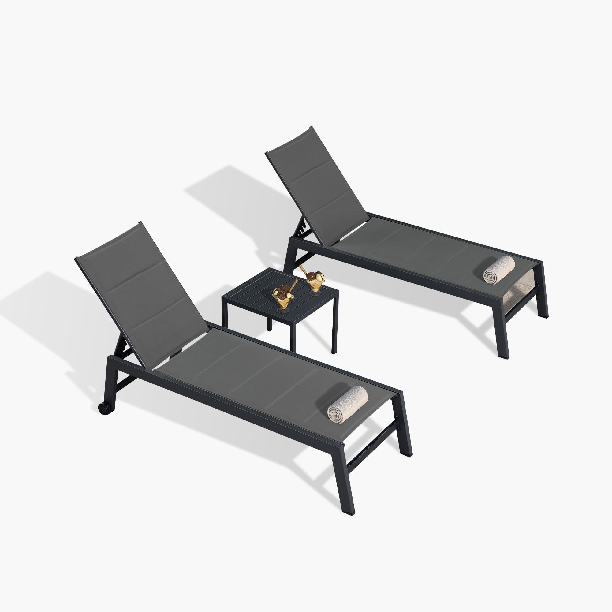 Gray Aluminum Outdoor Chaise Lounge Set with Side Table