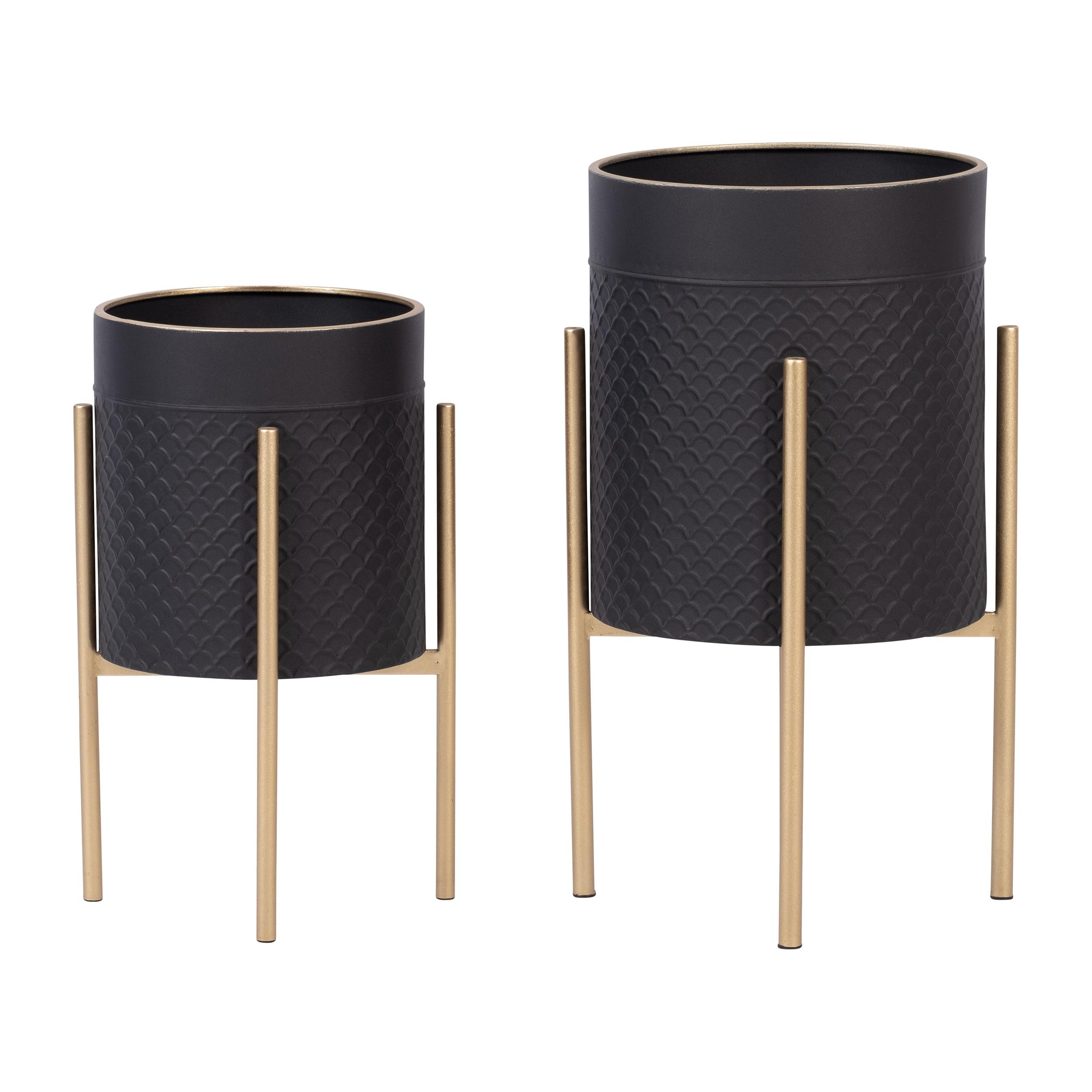 Sagebrook Home 14" Wide 2pc Scales Planter Pot on Metal Stand Black/Gold: Honeycomb Design, No Drainage Holes