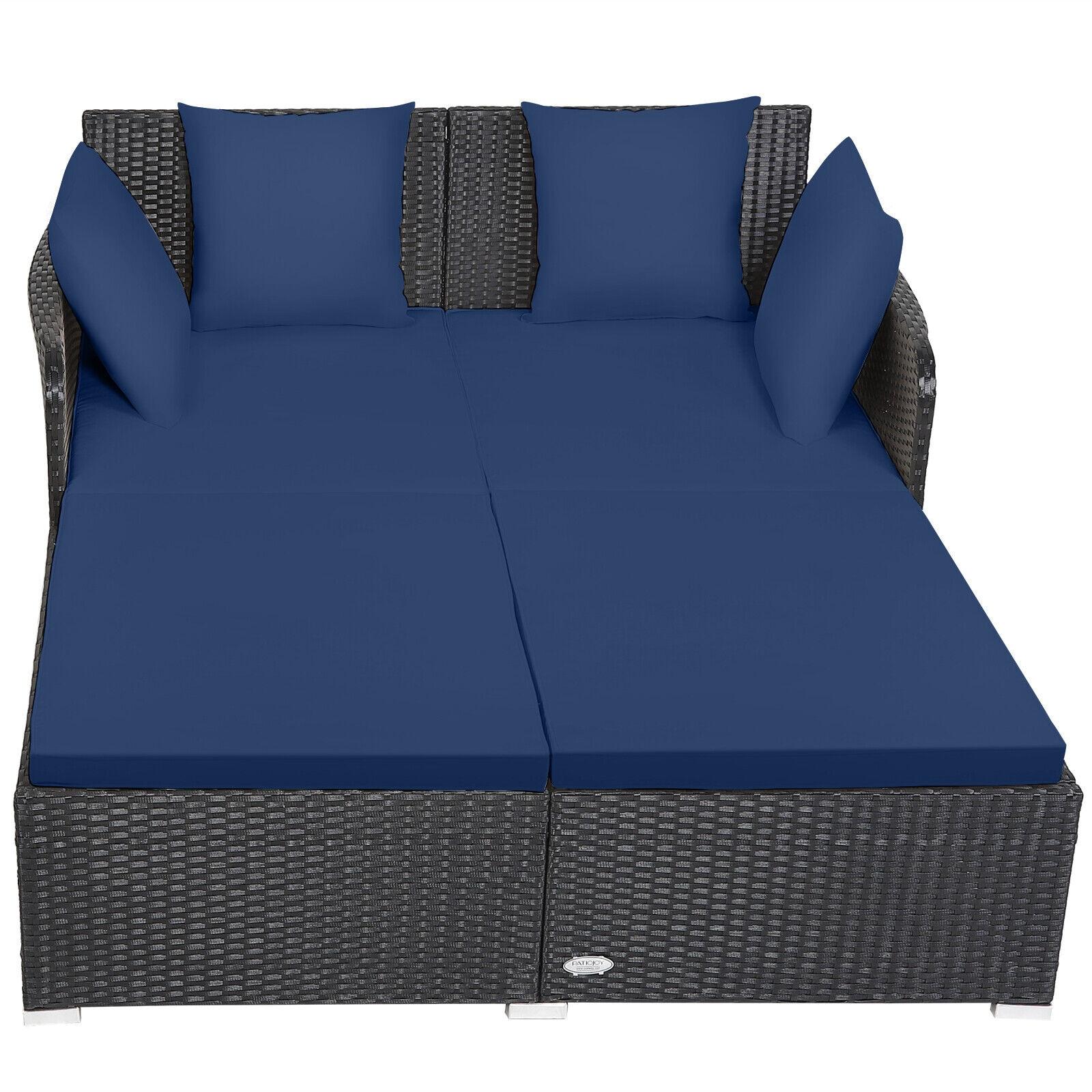 Costway Outdoor Patio Rattan Daybed Pillows Cushioned Sofa Furniture Navy
