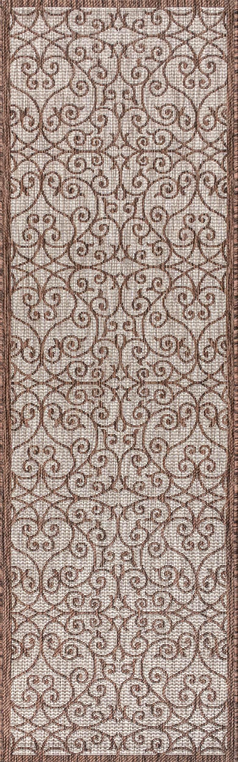 2'x8' Madrid Vintage Filigree Textured Weave Indoor/Outdoor Runner Rug, Taupe/Espresso - JONATHAN Y