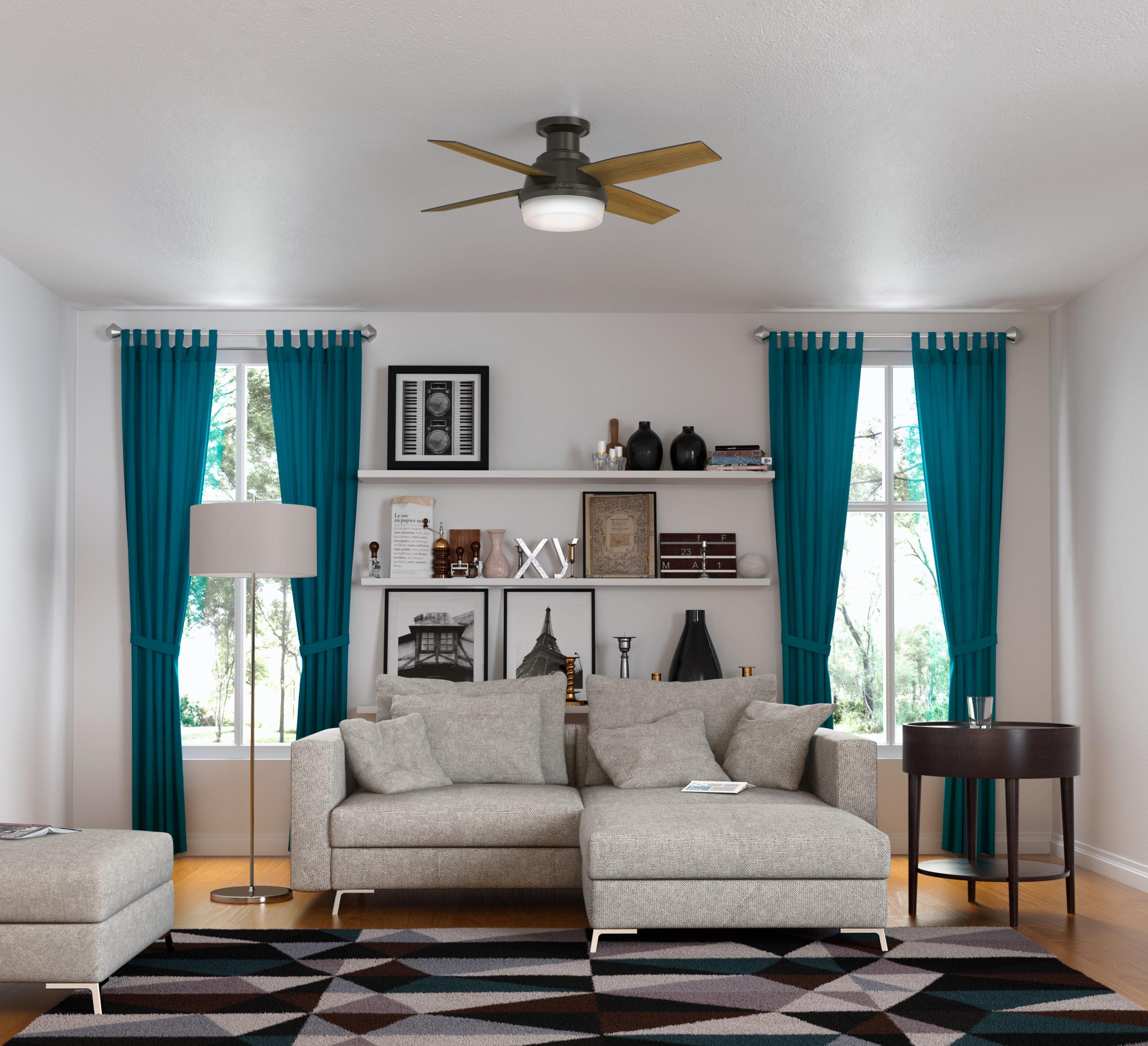 Hunter Fan Dempsey Low Profile 44" 4 - Blade Indoor Flush Mount Small Room Ceiling Fan with Lights and Remote