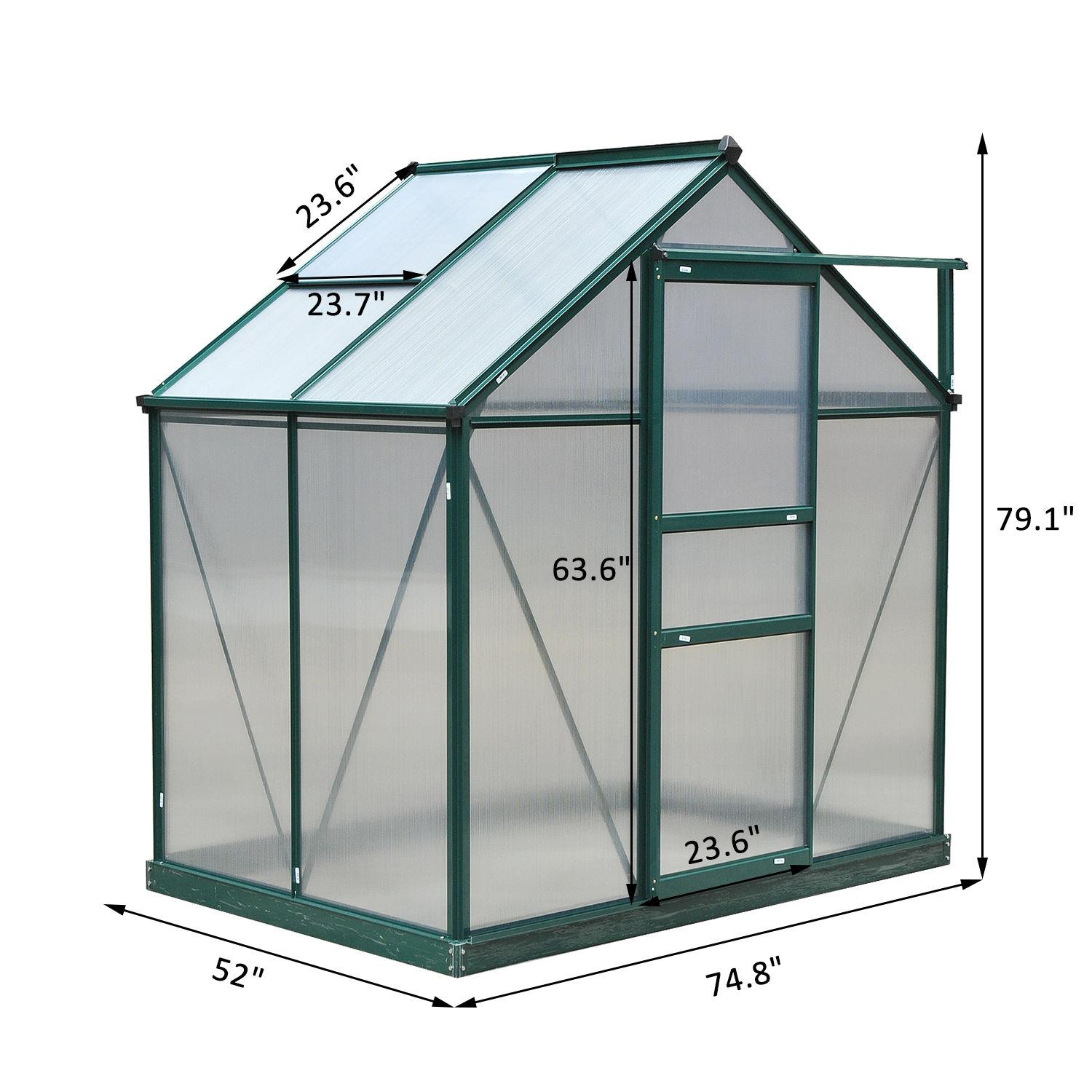 Outsunny 6' x 4' x 7' Polycarbonate Greenhouse, Heavy Duty Outdoor Aluminum Walk-in Green House Kit with Vent & Door for Backyard Garden, Green