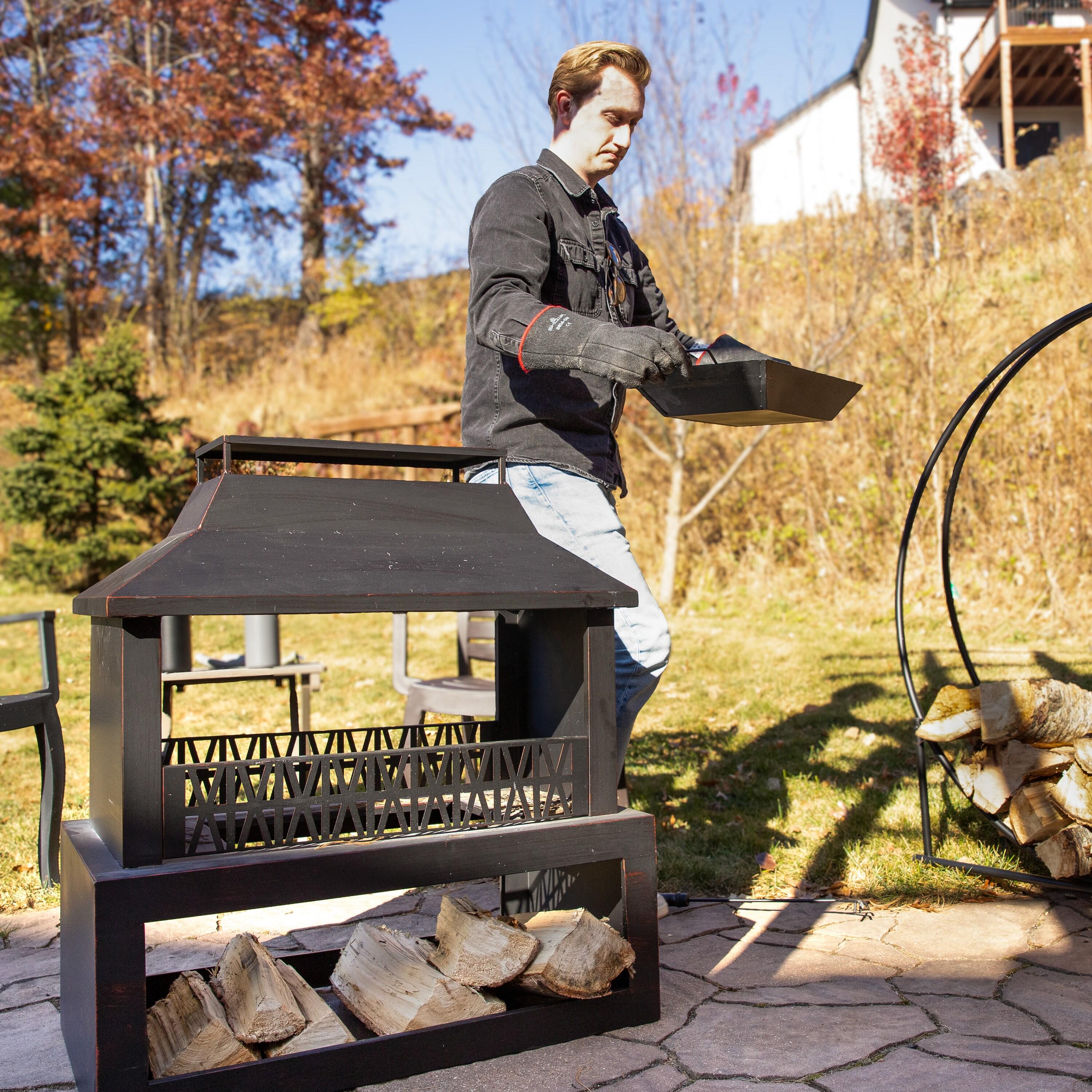Lark Manor™ Courter 29" Rectangle Bronze Finish Steel Outdoor Fireplace with Log Storage