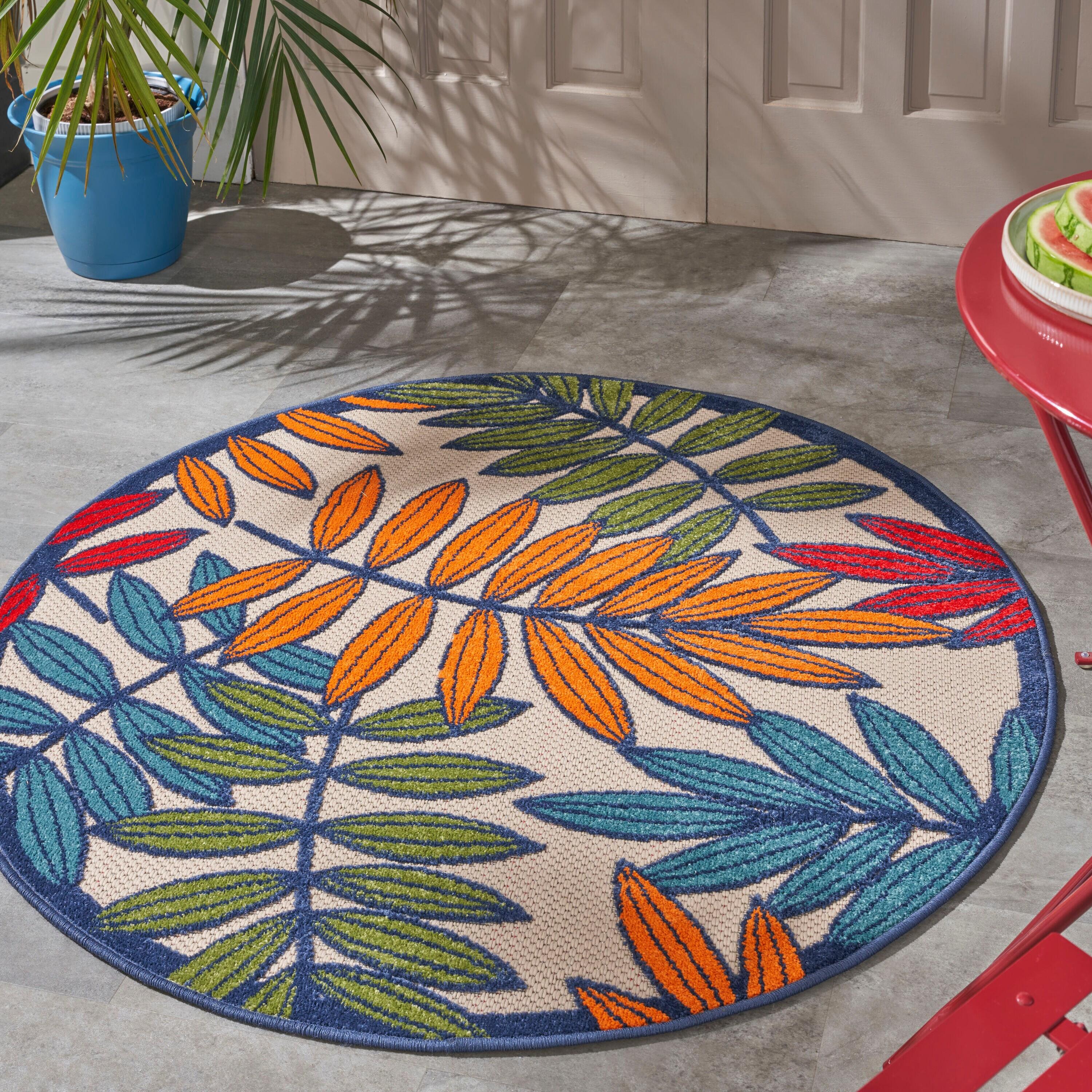 Nourison Aloha Floral Leaf Flatweave High-Low Indoor Outdoor Round Rug Multicolor 4' x 4'