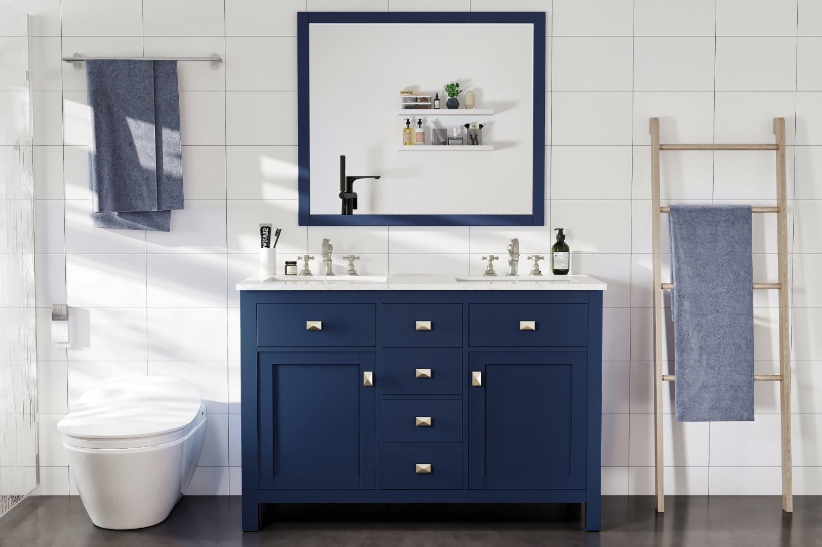 Totti Artemis 48" Blue Transitional Double Sink Bathroom Vanity w/ White Carrara Style Man-Made Stone Top