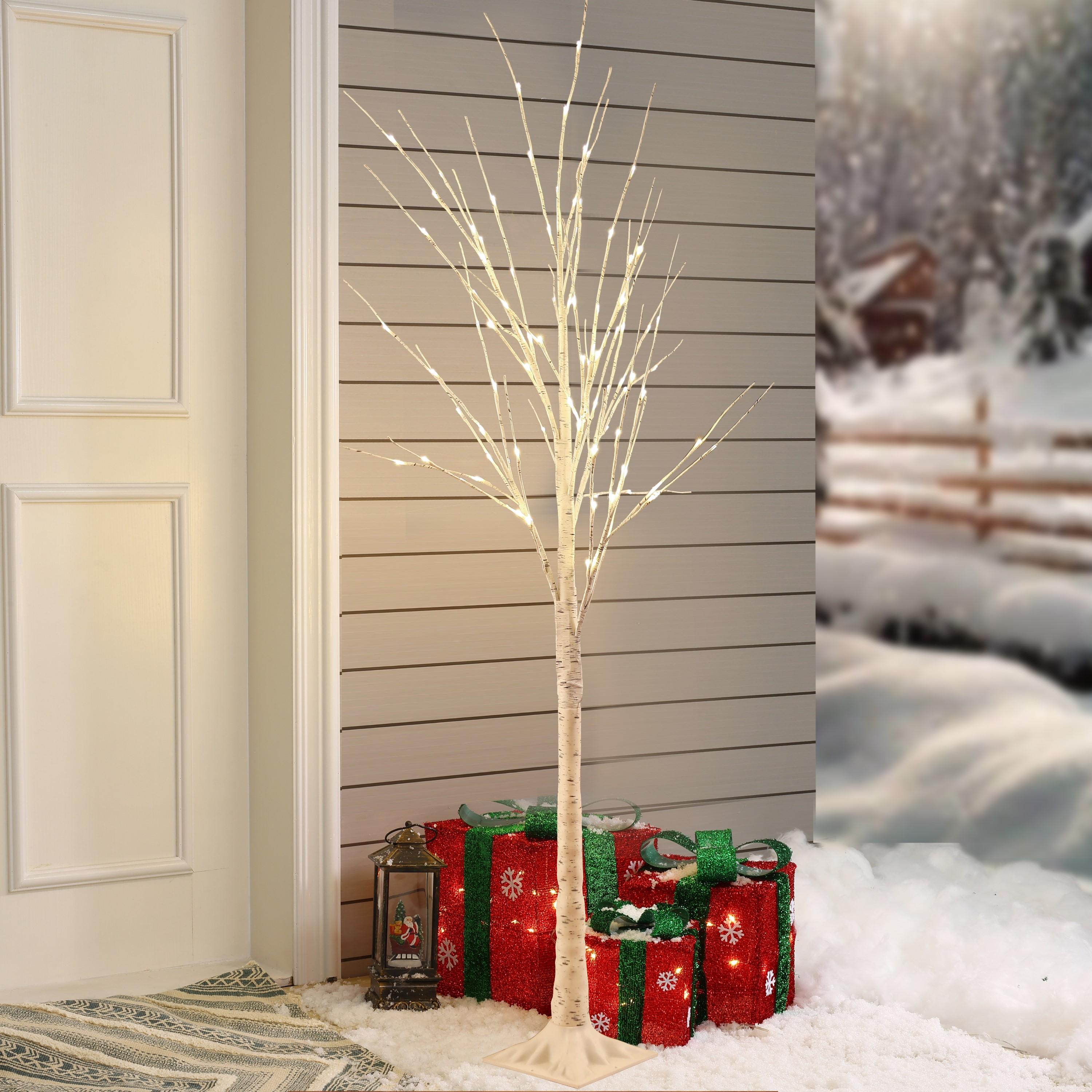 LuxenHome Lighted LED 5.9Ft White Birch Twig Tree Decoration, Artificial Birch Tree with Metal Base