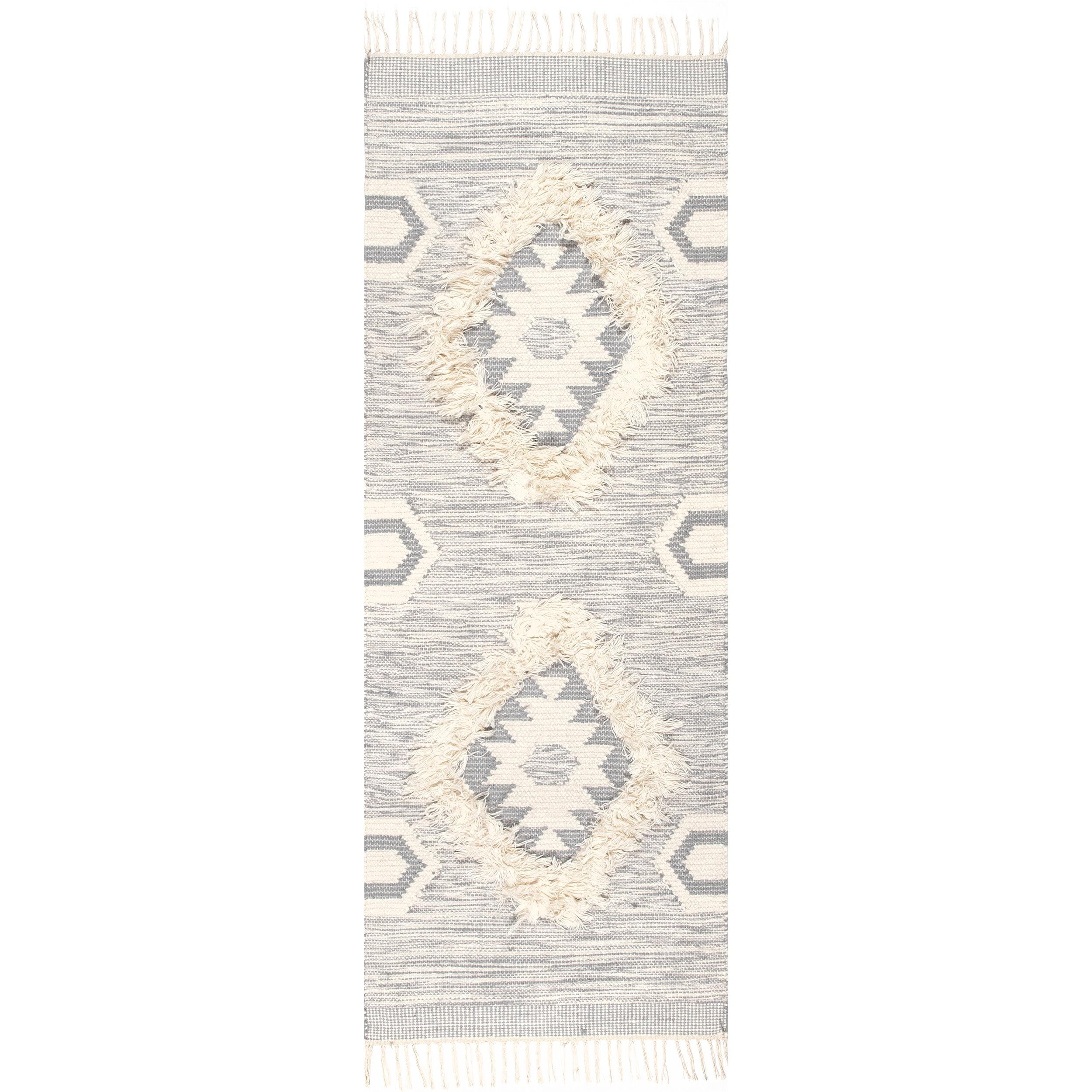 Nuloom Savannah Geometric 2x8 Wool Runner Indoor Area Rug for Living Room Bedroom Dining Room Entryway Hallway Kitchen, Light Grey/Ivory