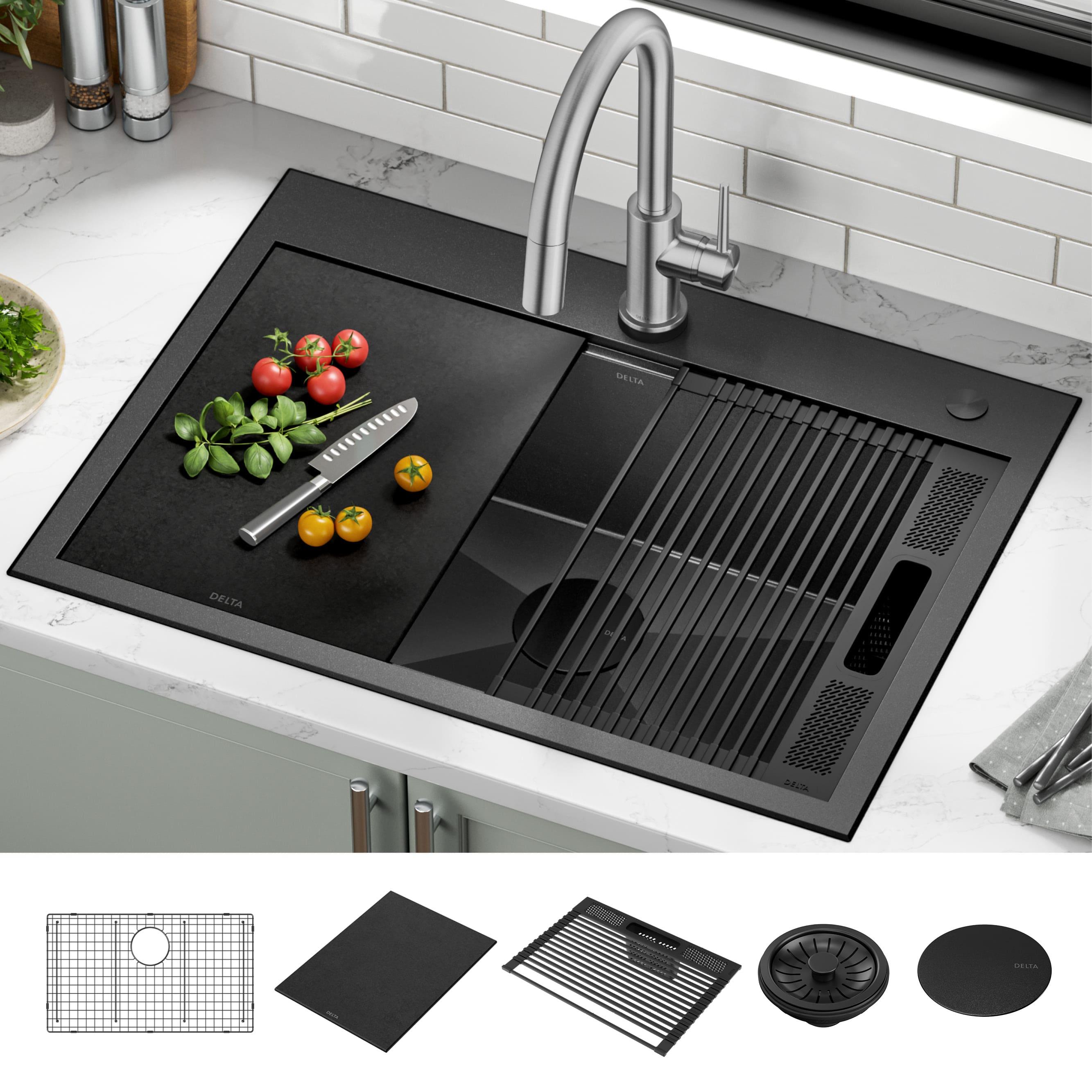 Delta Rivet™ Black Stainless Steel Drop-In Top Mount 16 Gauge Workstation Kitchen Sink Single Bowl