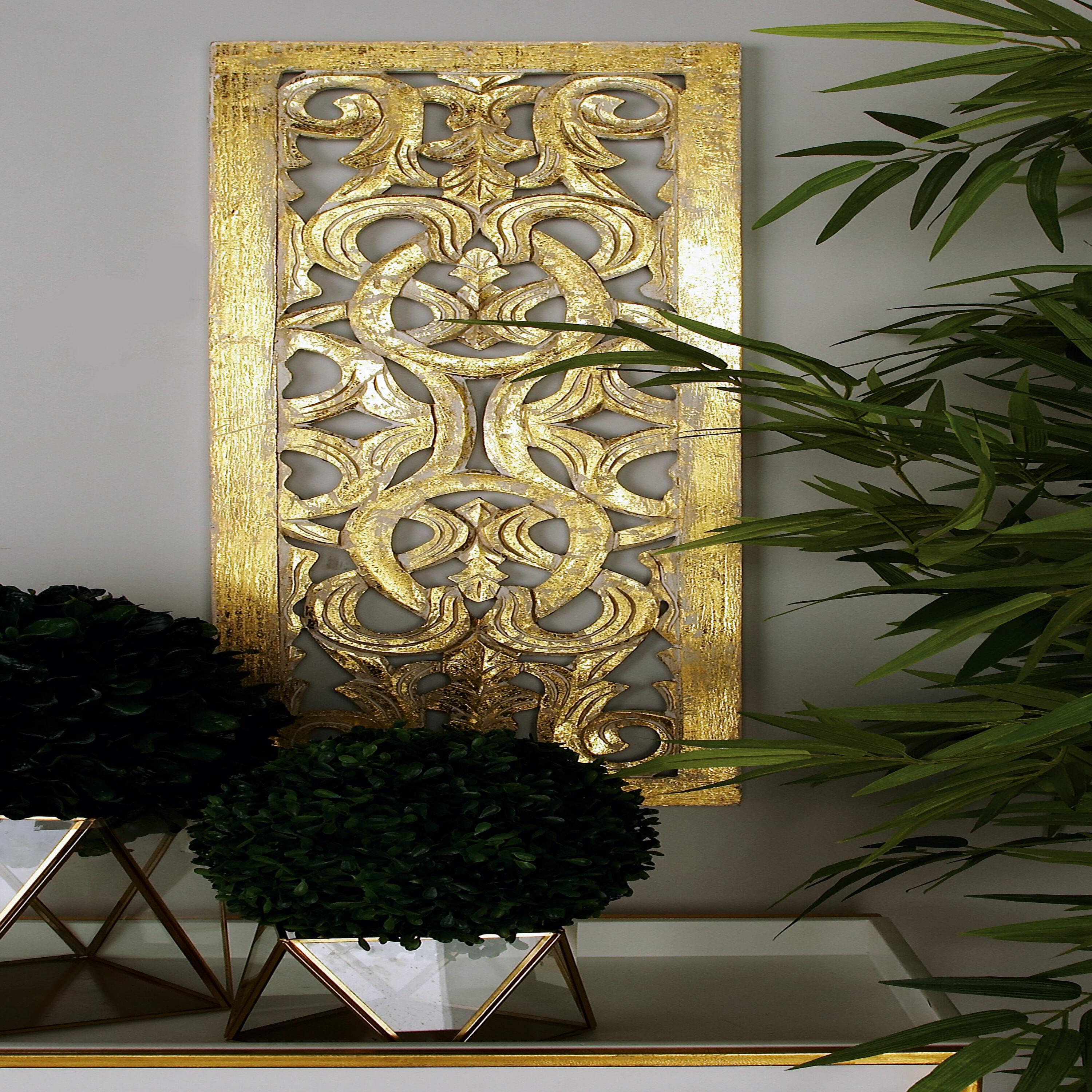 Wooden Handmade Intricately Carved Arabesque Scroll Gold Wall Decor with Cream Backing