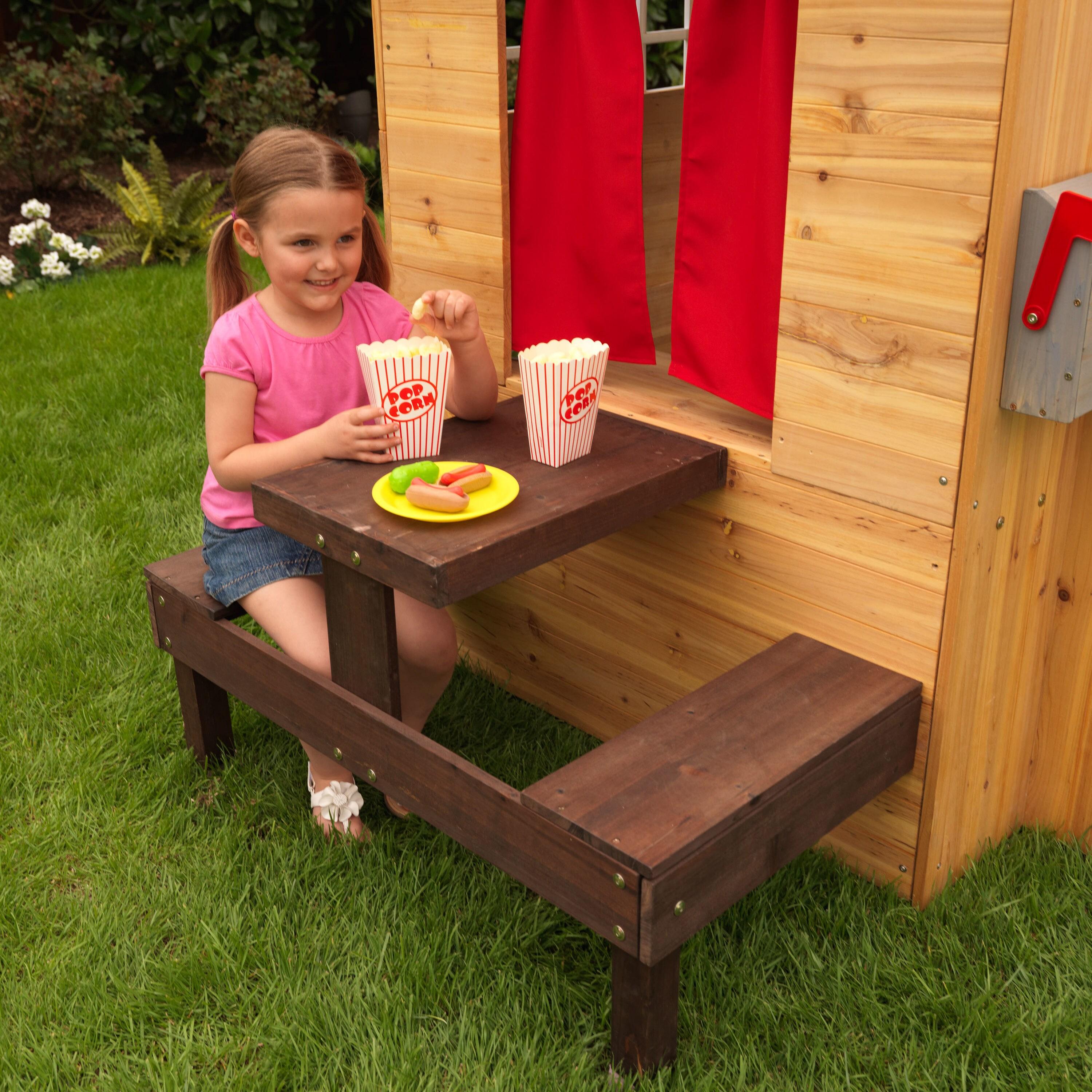 Modern Outdoor Wooden Playhouse with Picnic Table, Mailbox and Outdoor Grill