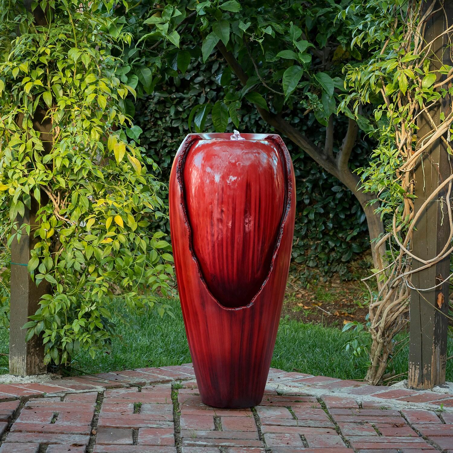 Alpine Corporation DIG100XS-RD Outdoor Floor Antique Jar Water Fountain with LED Lights, Vintage Light Waterfall, 33", Red