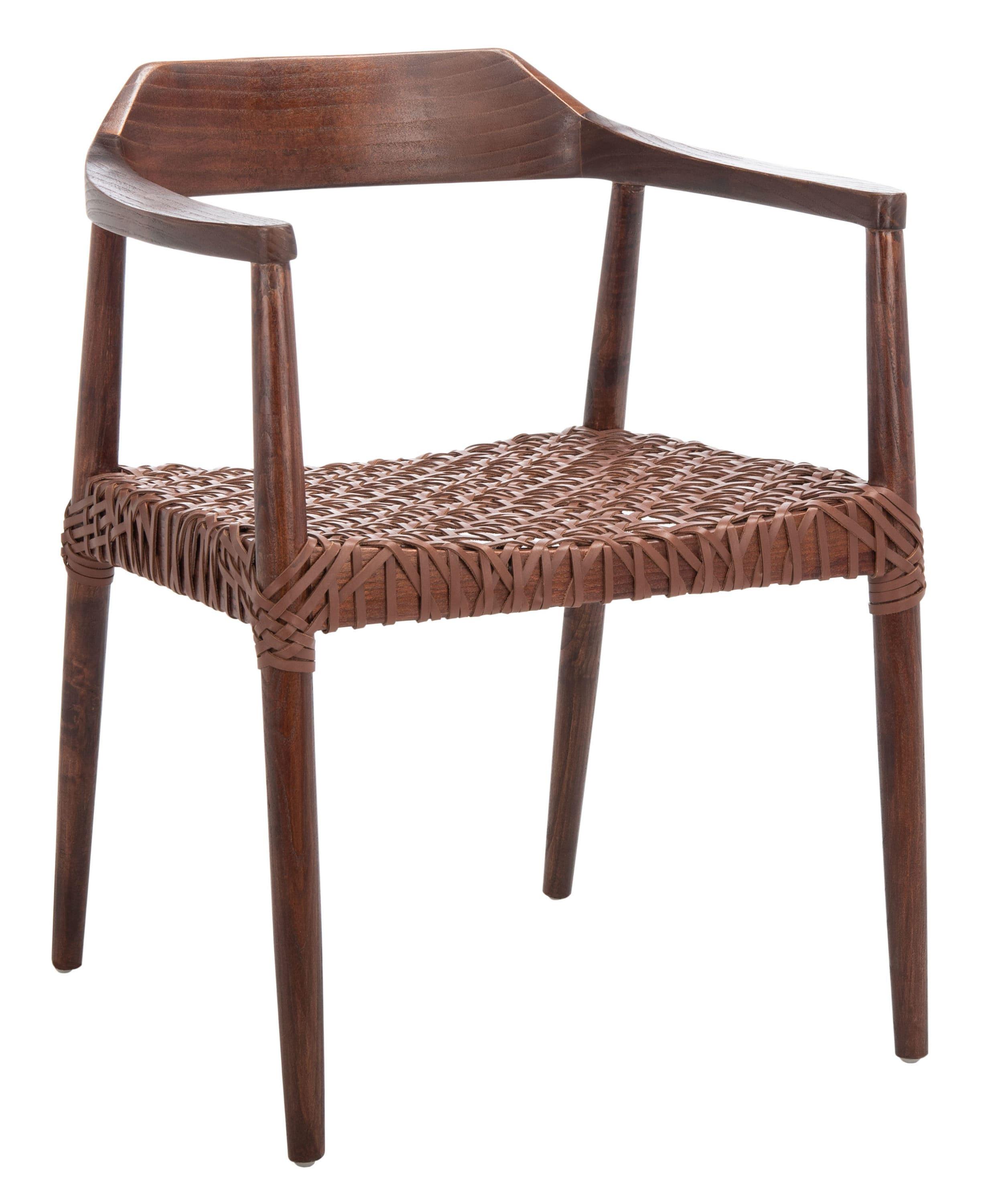 SAFAVIEH Munro Leather Woven Accent Chairs, Walnut (Sungkai Wood Frame)/Cognac (Leather Seat) (22 in. W x 20.5 in. D x 28.5 in. H)