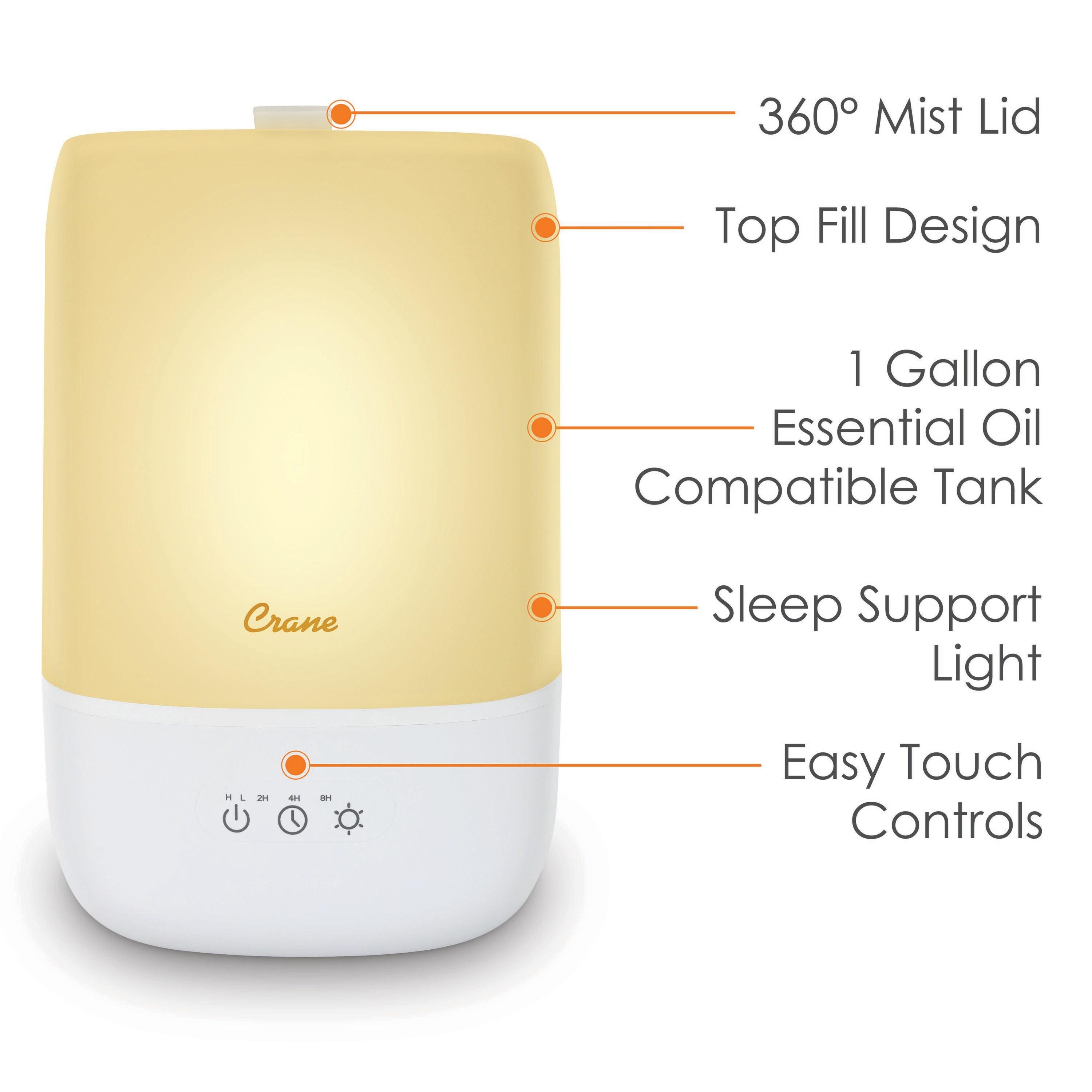 Crane USA Top Fill Cool Mist Humidifier - 1 Gallon with Sleep Support Light & Essential Oil Tray