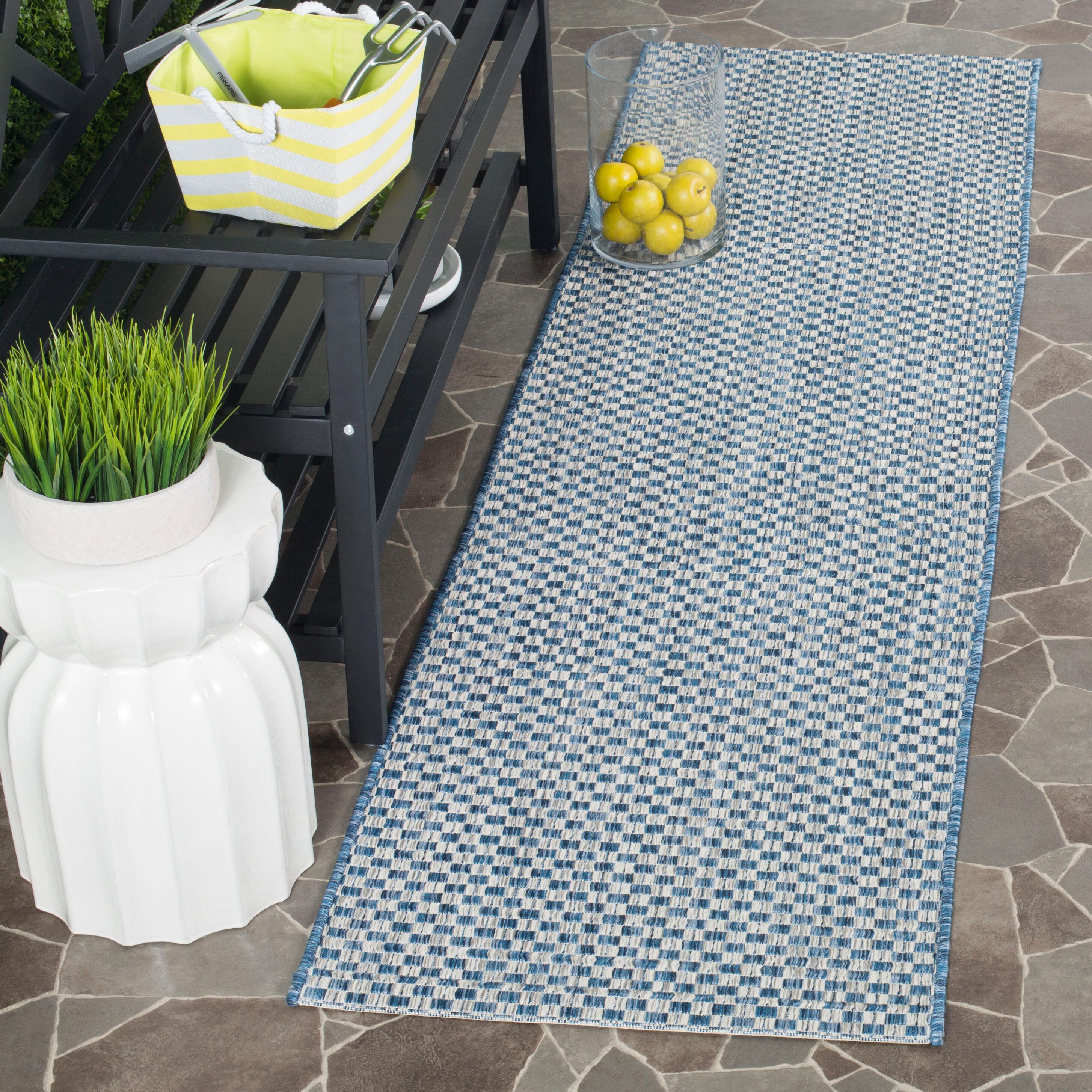 SAFAVIEH Courtyard Blair Checkered Indoor/Outdoor Runner Rug, Blue/Light Grey, 2'3" x 6'7"