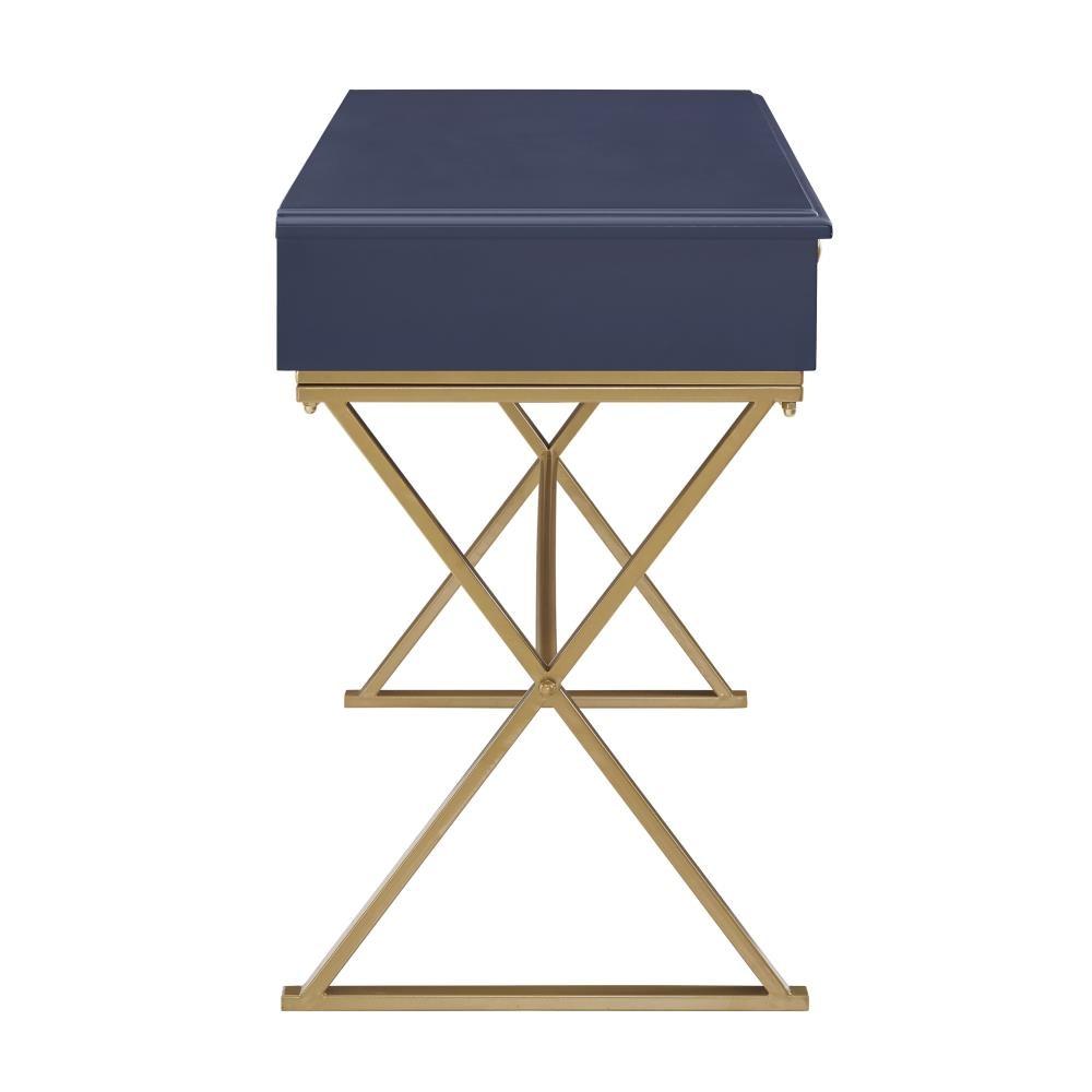 Campaign 2 Drawer Desk Blue/Gold - Linon: Matte Gold Legs, MDF, Metal Hardware